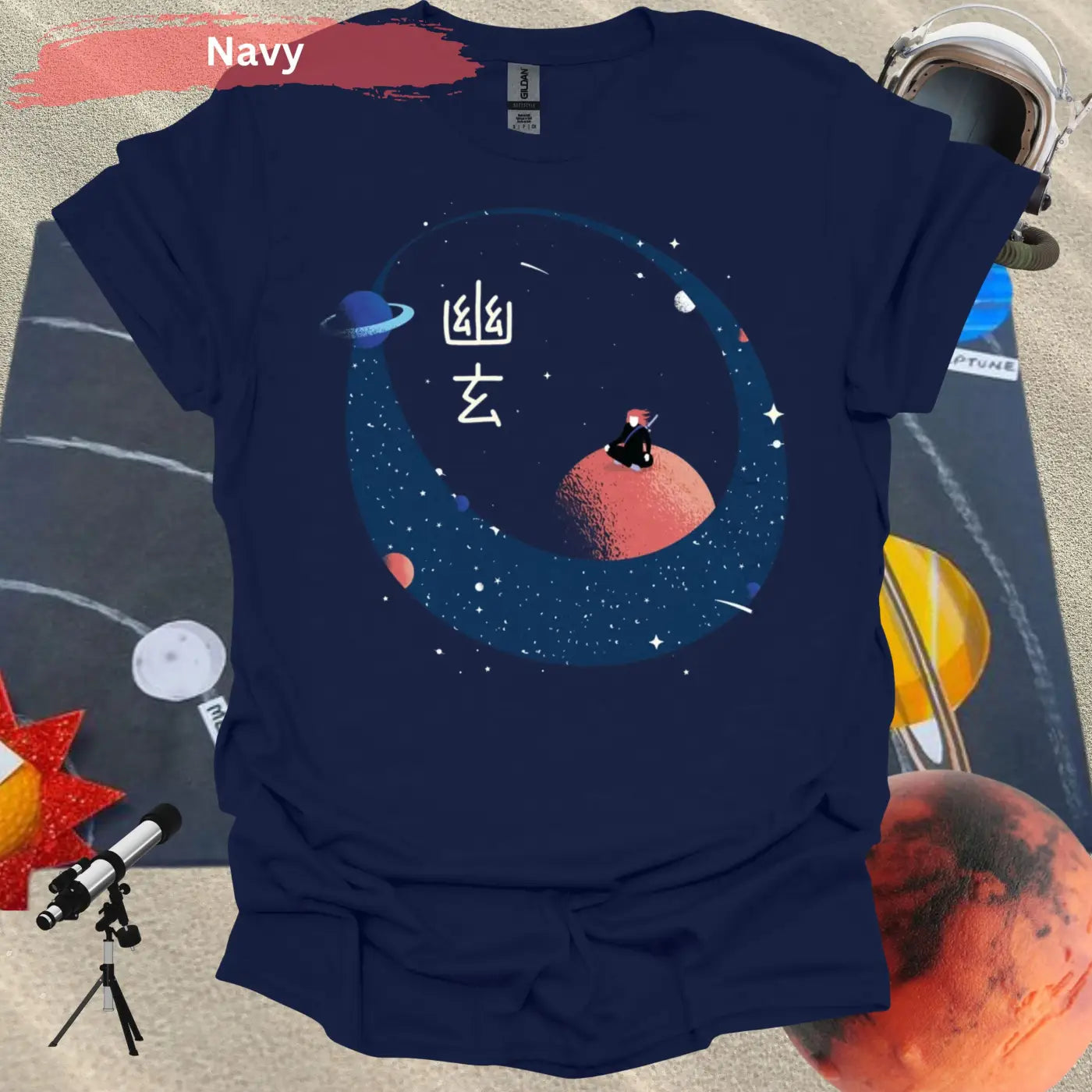 Samurai Meditating on a Red Planet T-shirt - S / Navy - Physical Item