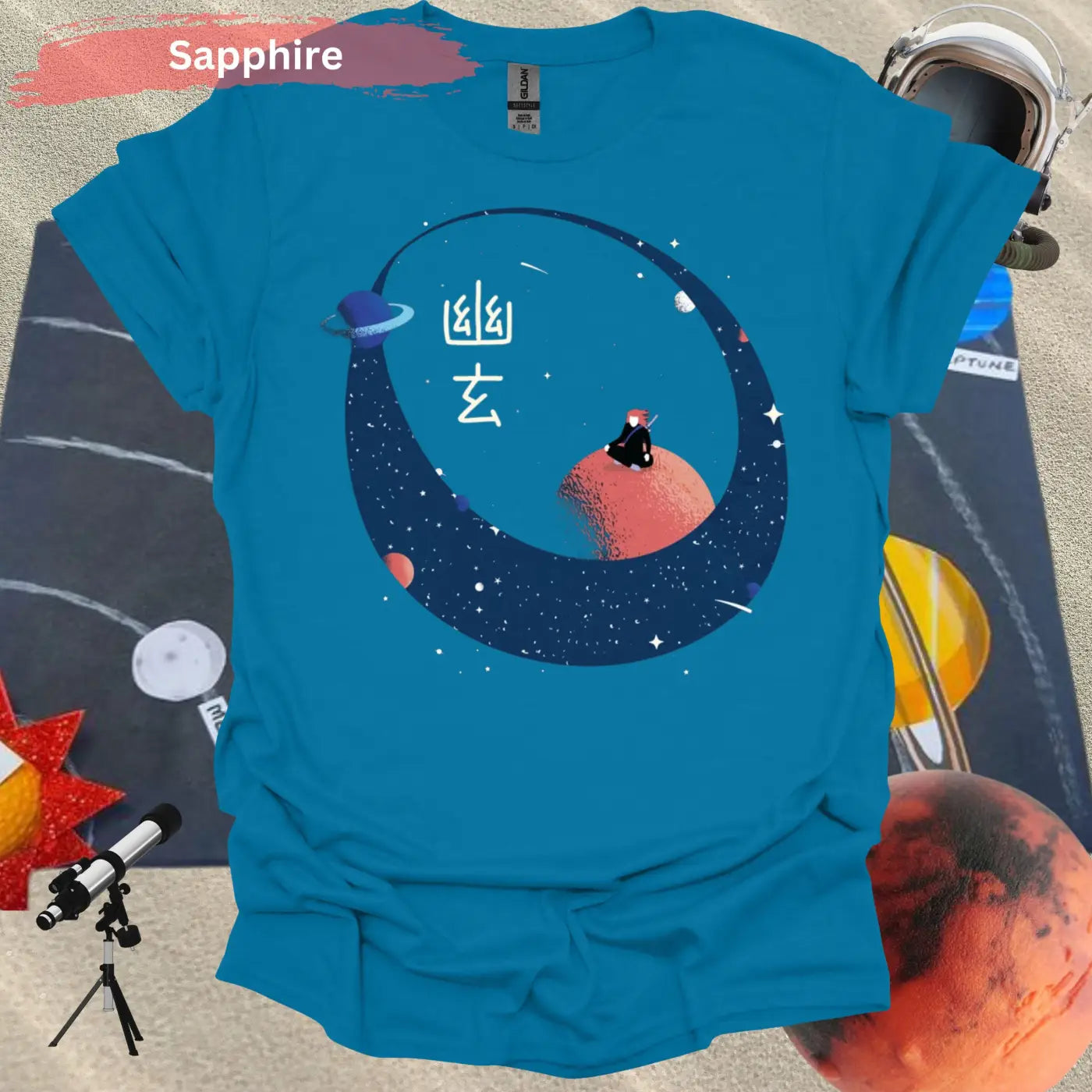 Samurai Meditating on a Red Planet T-shirt - S / Sapphire - Physical Item