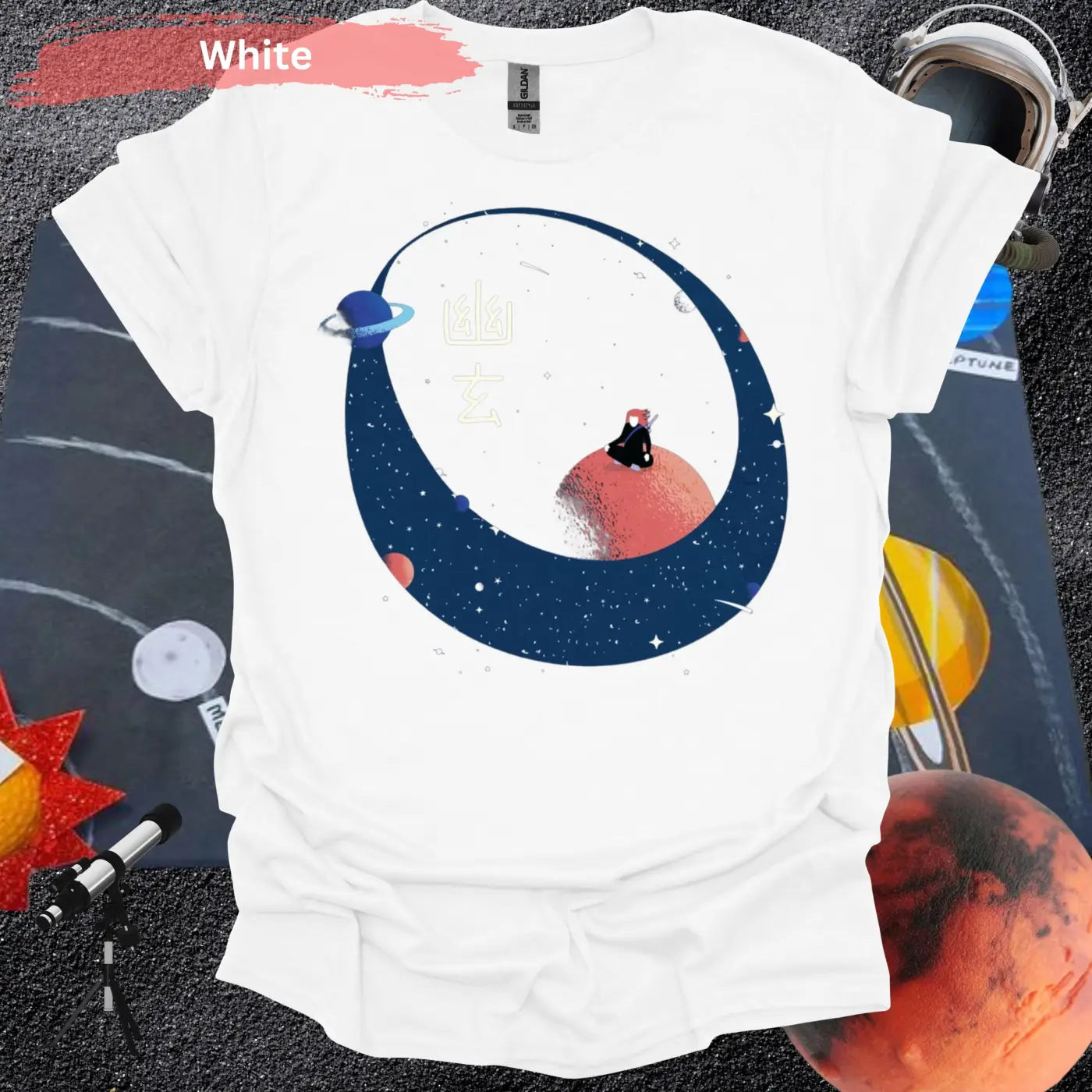 Samurai Meditating on a Red Planet T-shirt - S / White - Physical Item