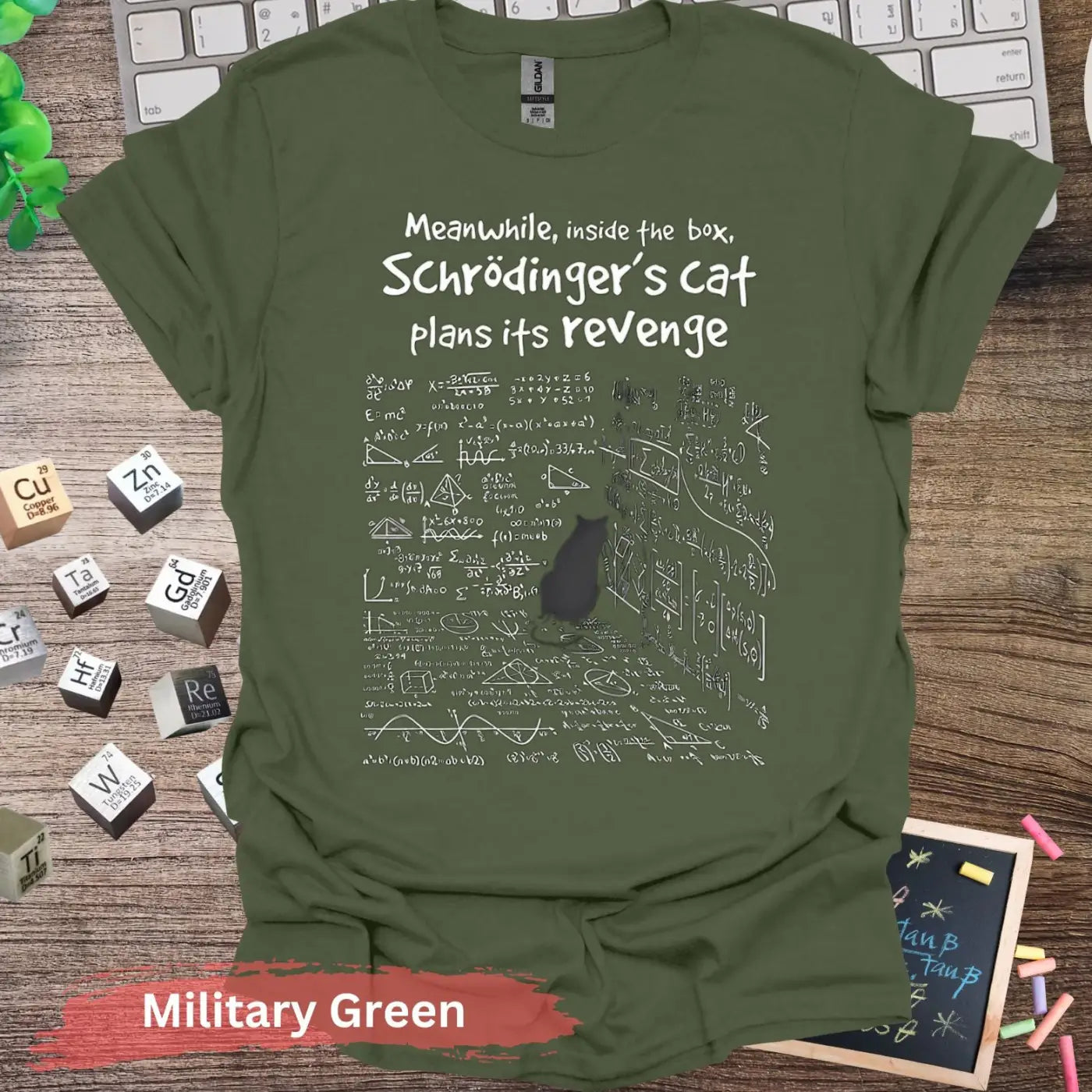 Schrodinger’s Cat Plans Its Revenge T-shirt - S / Military Green - Physical Item