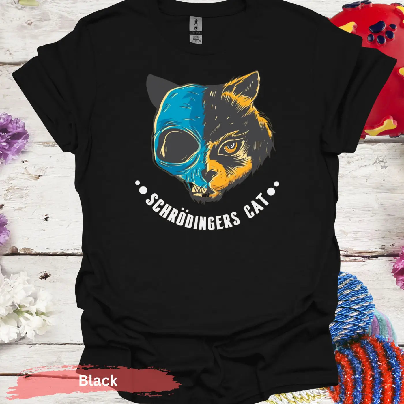 Schrödinger’s Cat Half Skull T-shirt - S / Black - Physical Item