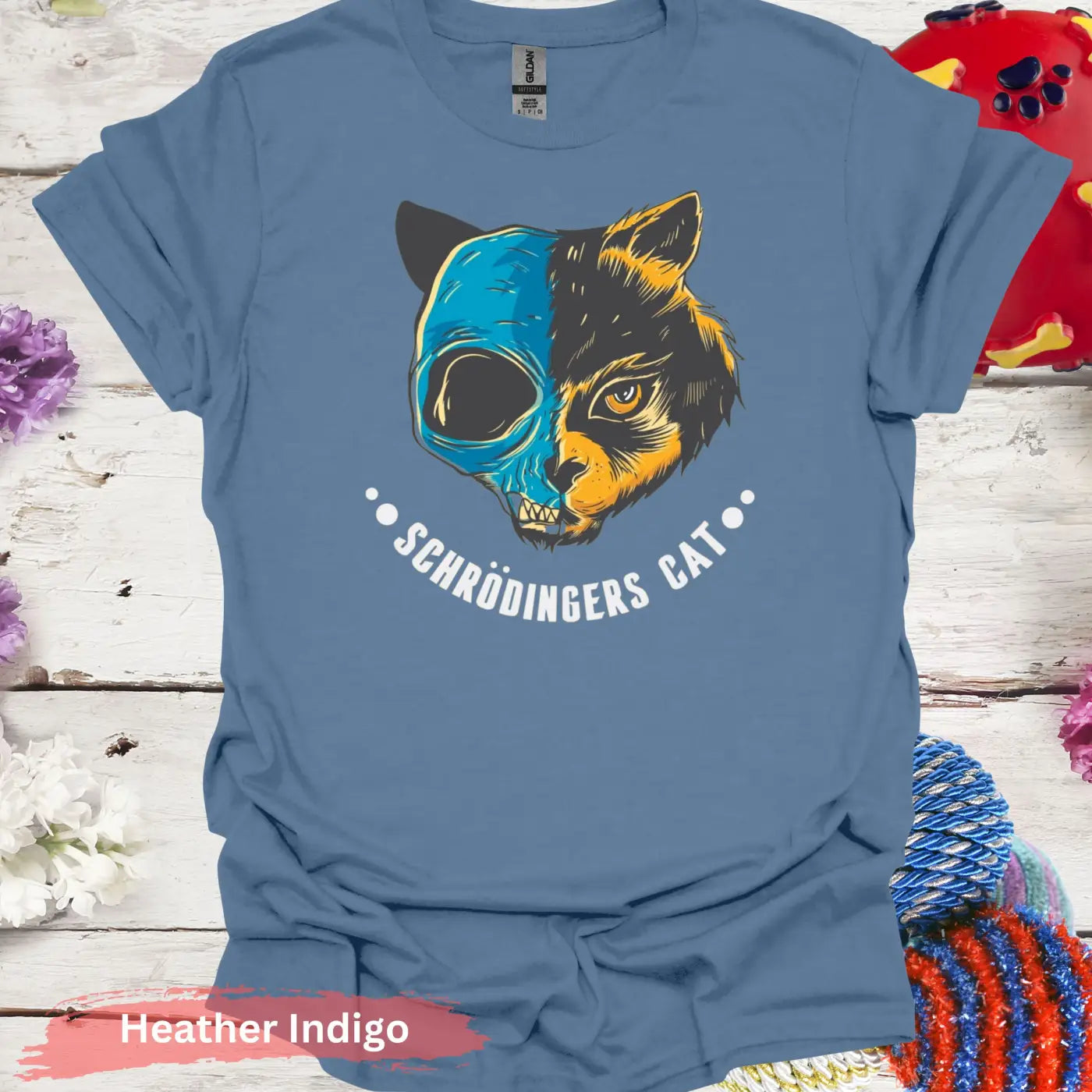 Schrödinger’s Cat Half Skull T-shirt - S / Heather Indigo - Physical Item