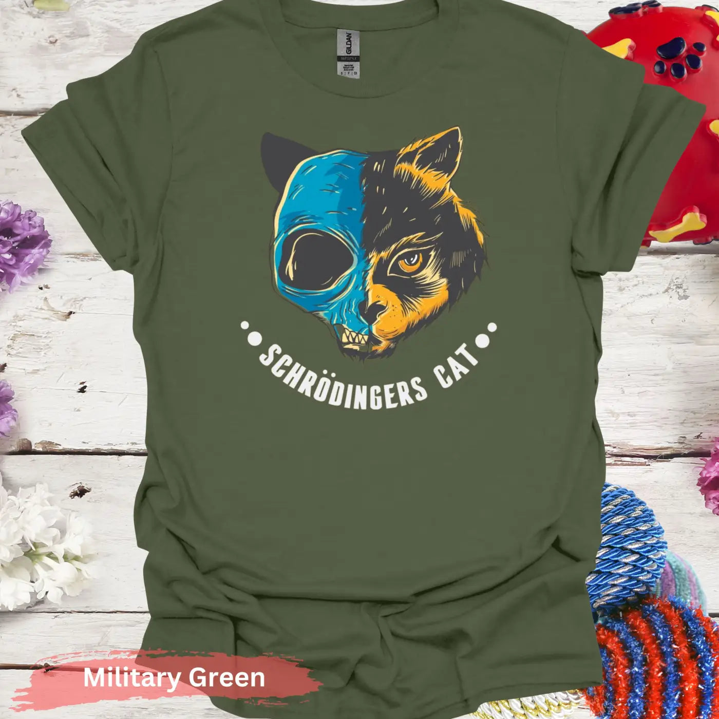 Schrödinger’s Cat Half Skull T-shirt - S / Military Green - Physical Item