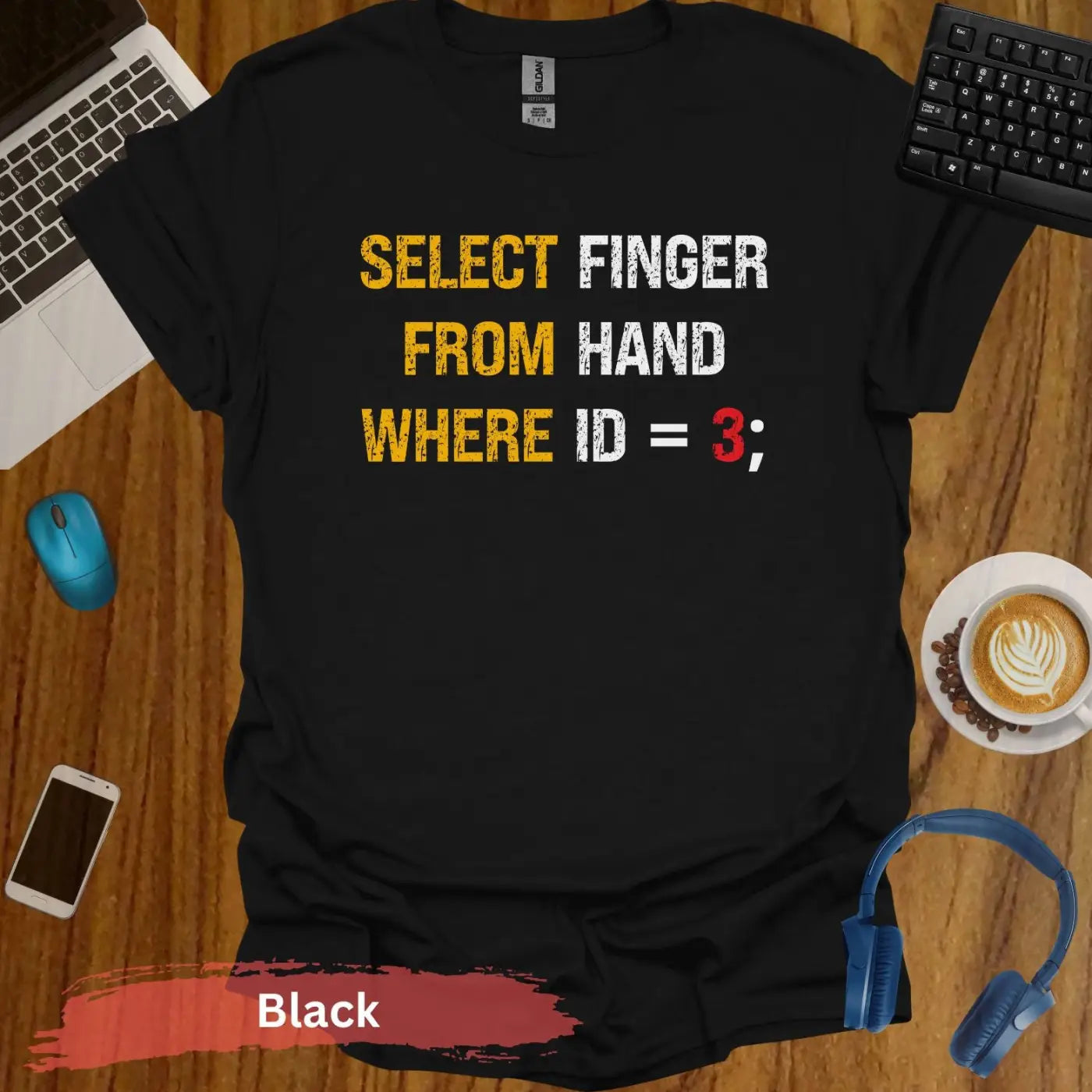 Select finger from hand where ID=3 hilarious computer science T-Shirt - S / Black - Physical Item