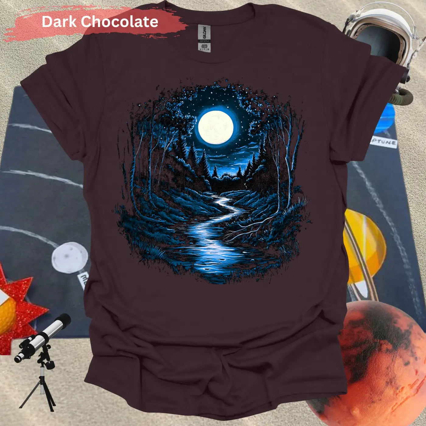 Serene Moonlit Forest: Nature’s Nightscape T-Shirt - S / Dark Chocolate - Physical Item