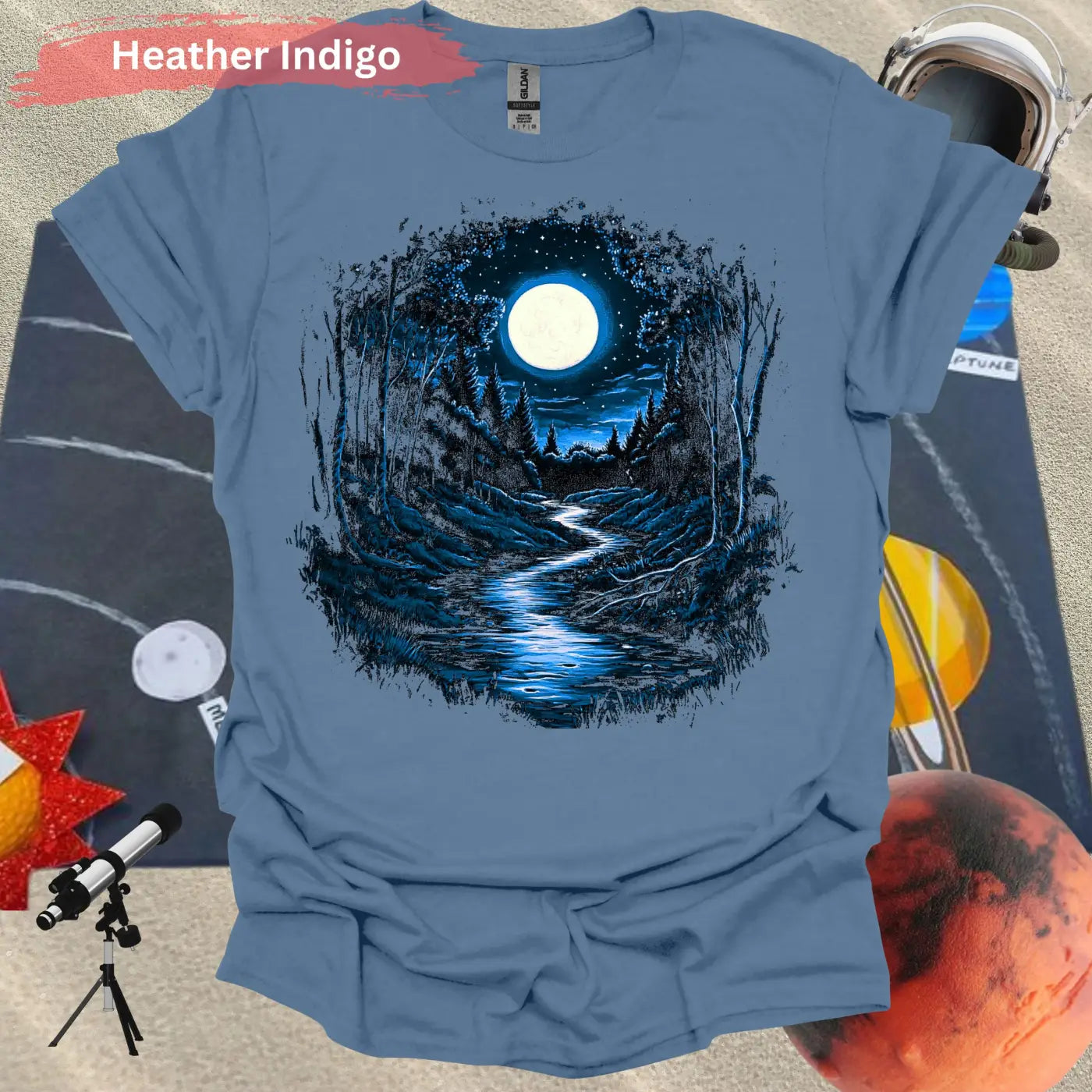 Serene Moonlit Forest: Nature’s Nightscape T-Shirt - S / Heather Indigo - Physical Item