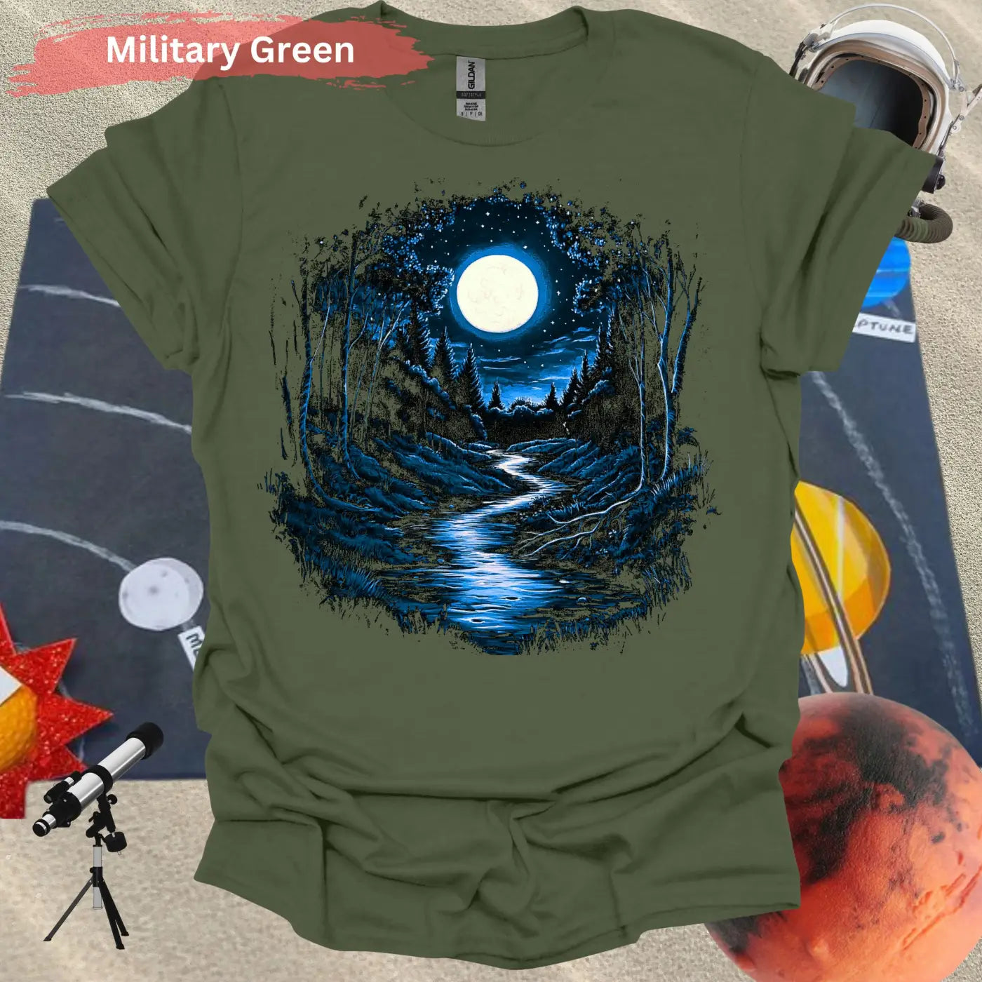 Serene Moonlit Forest: Nature’s Nightscape T-Shirt - S / Military Green - Physical Item