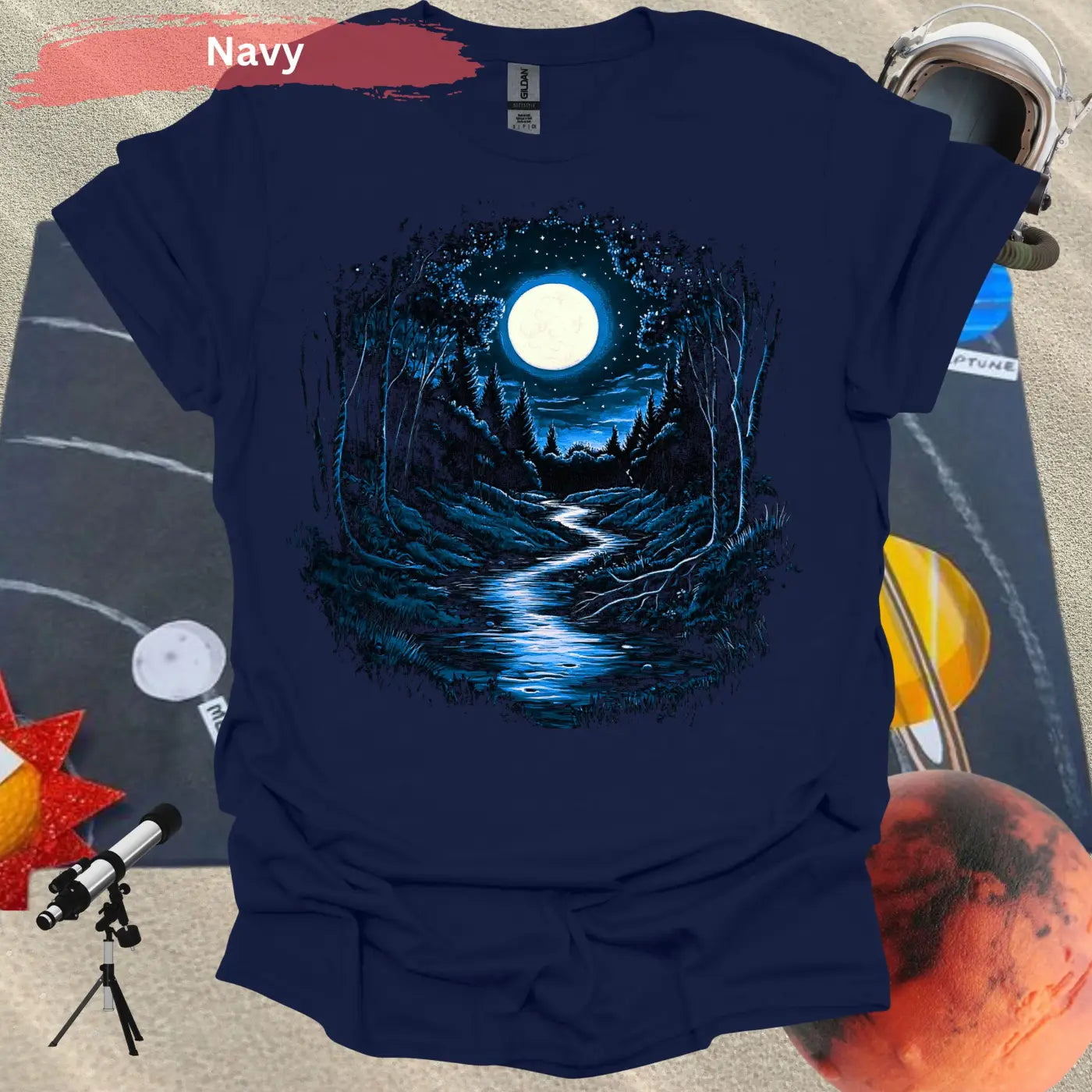 Serene Moonlit Forest: Nature’s Nightscape T-Shirt - S / Navy - Physical Item