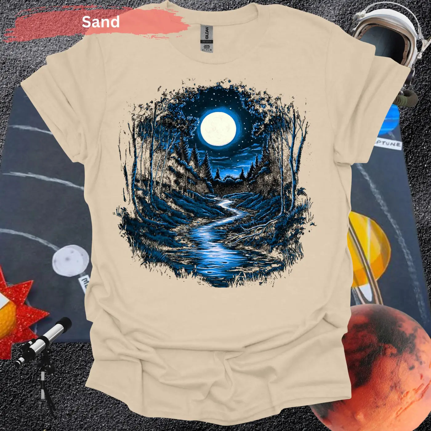 Serene Moonlit Forest: Nature’s Nightscape T-Shirt - S / Sand - Physical Item