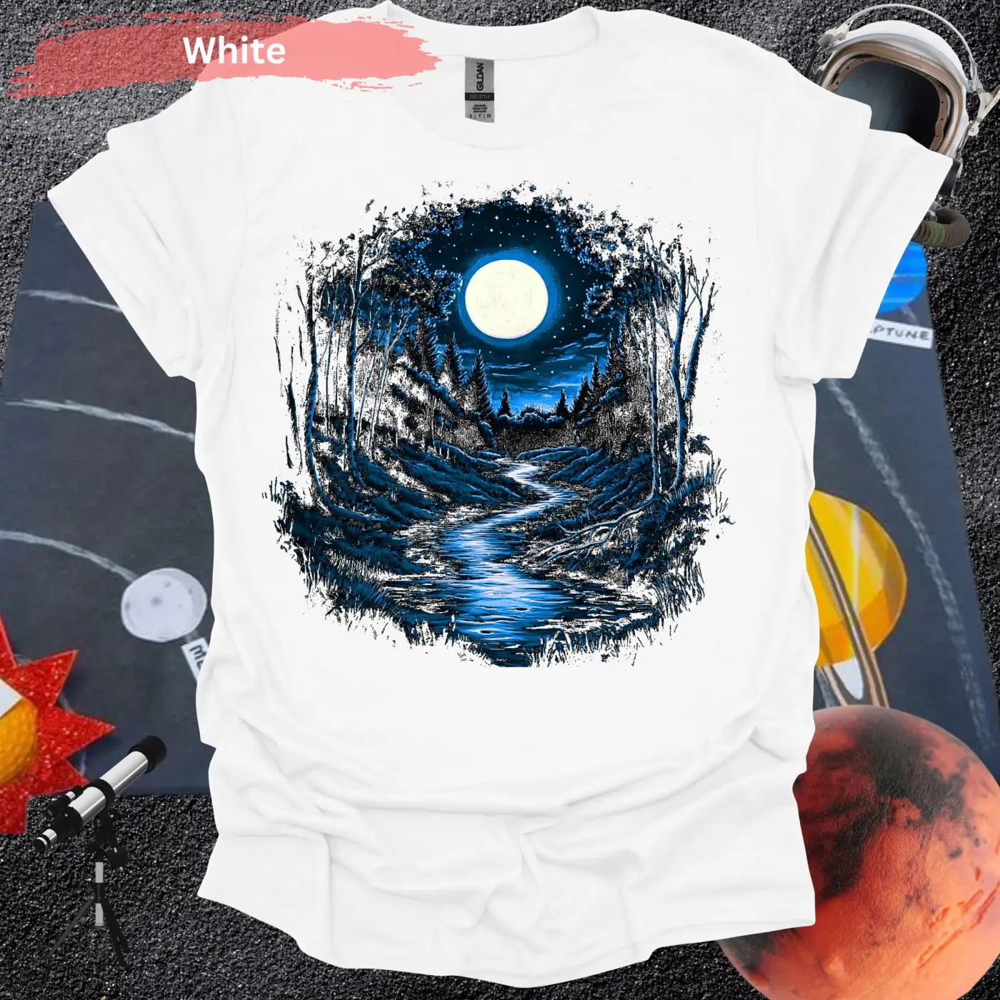 Serene Moonlit Forest: Nature’s Nightscape T-Shirt - S / White - Physical Item