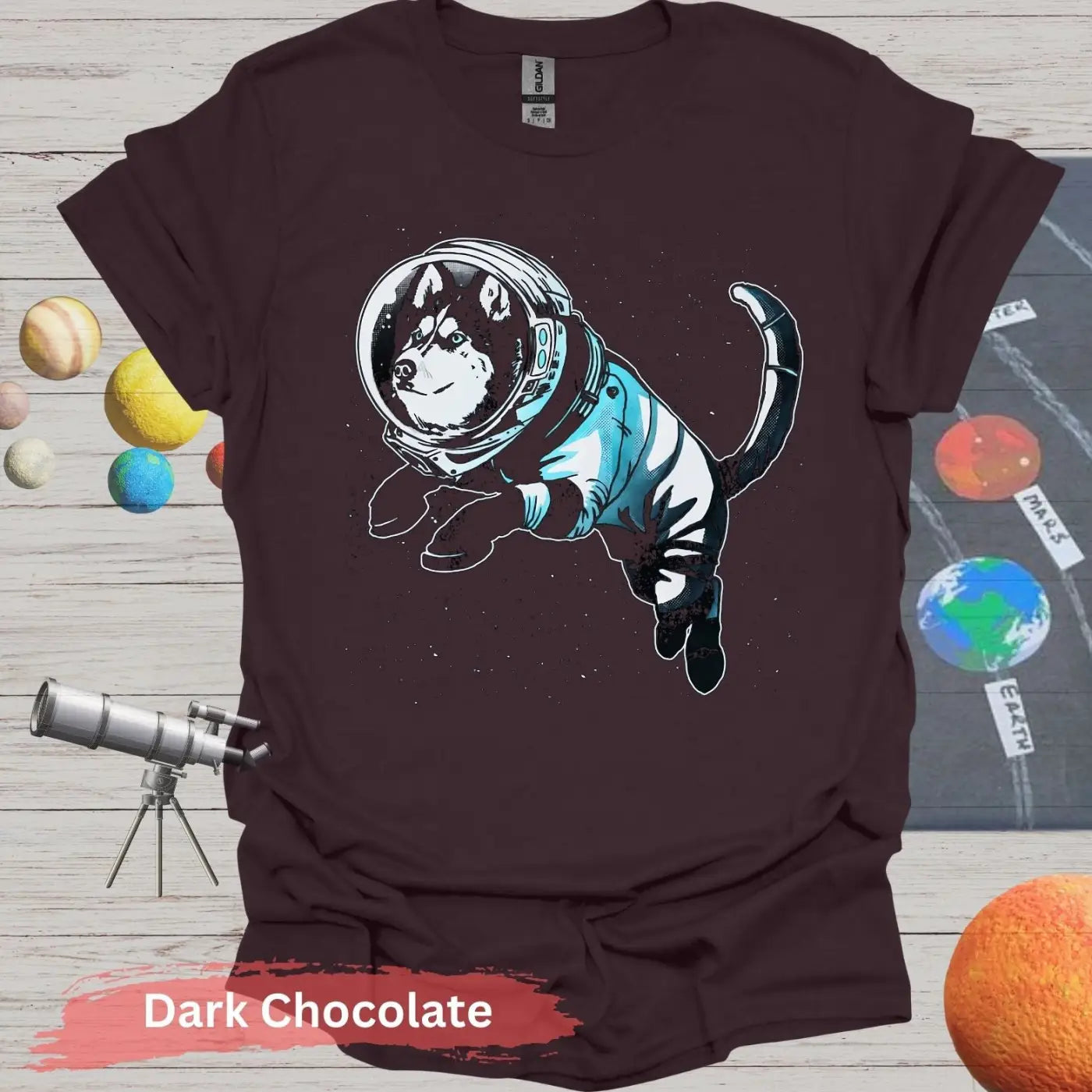 Siberian Husky in Astronaut Suit T-shirt - S - Unisex / Dark Chocolate - Physical Item