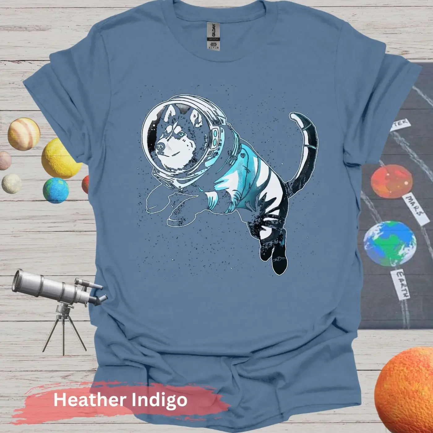 Siberian Husky in Astronaut Suit T-shirt - S - Unisex / Heather Indigo - Physical Item