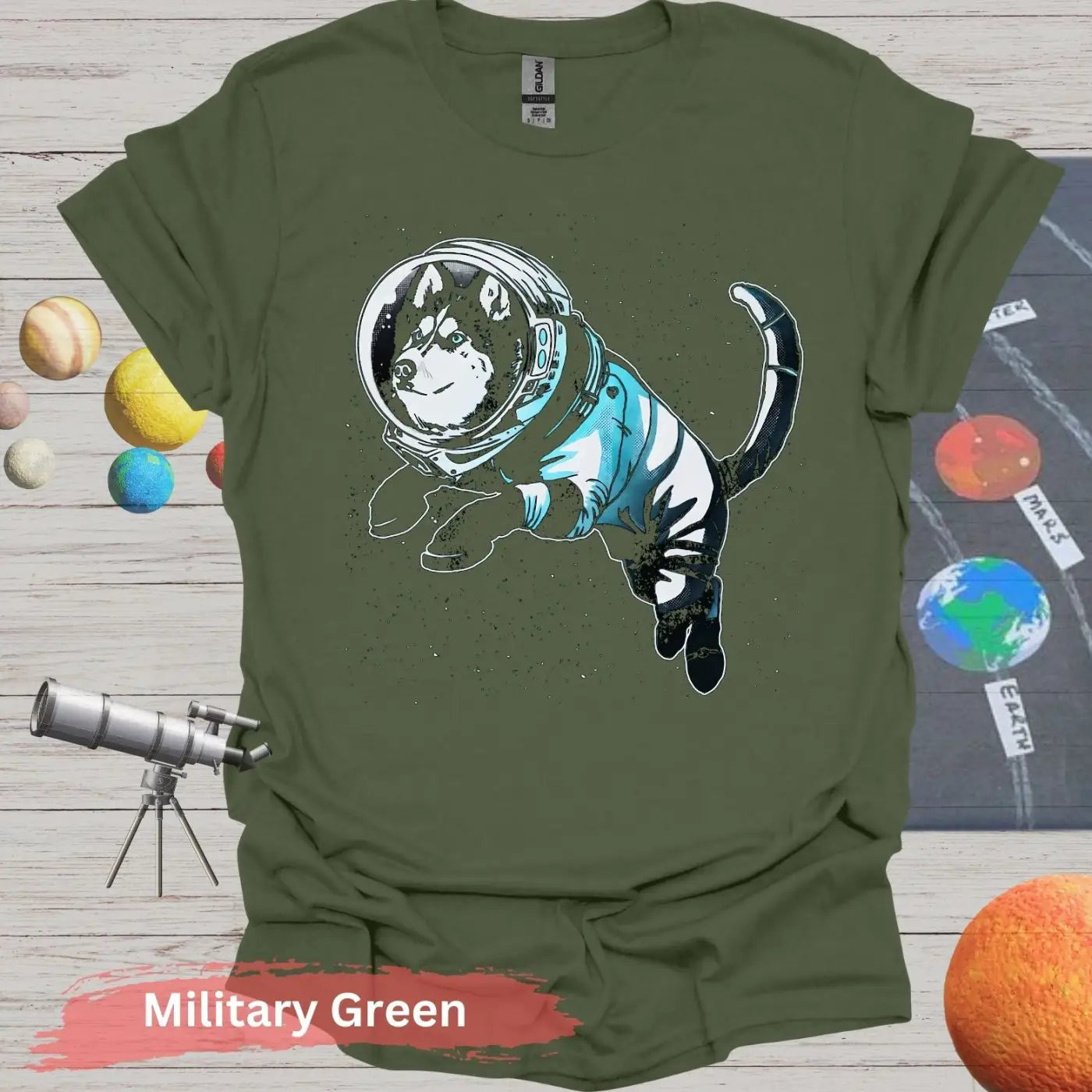 Siberian Husky in Astronaut Suit T-shirt - S - Unisex / Military Green - Physical Item