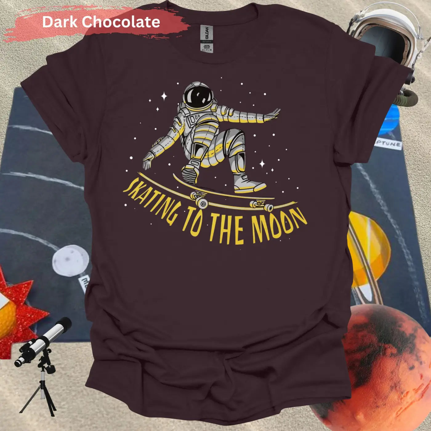 Skating to the Moon: Dynamic Astronaut T-Shirt - S / Dark Chocolate - Physical Item