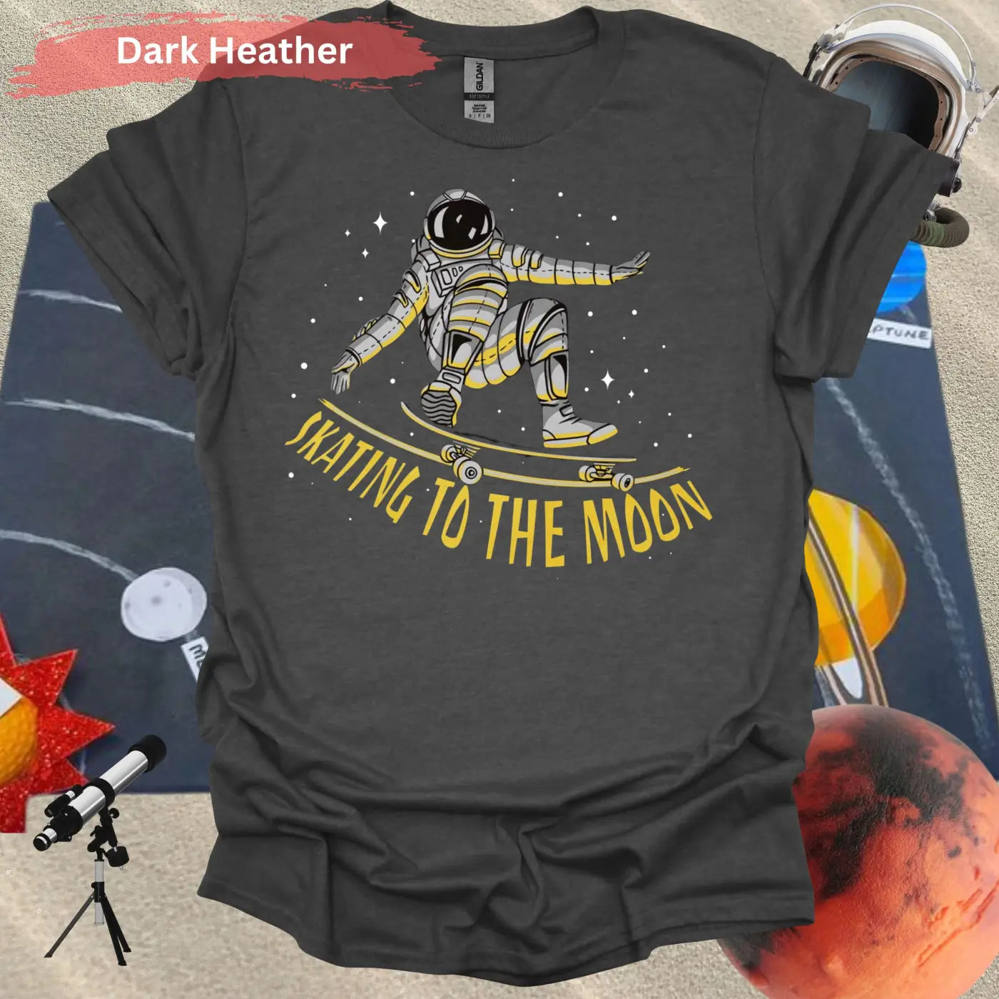 Skating to the Moon: Dynamic Astronaut T-Shirt - S / Dark Heather - Physical Item