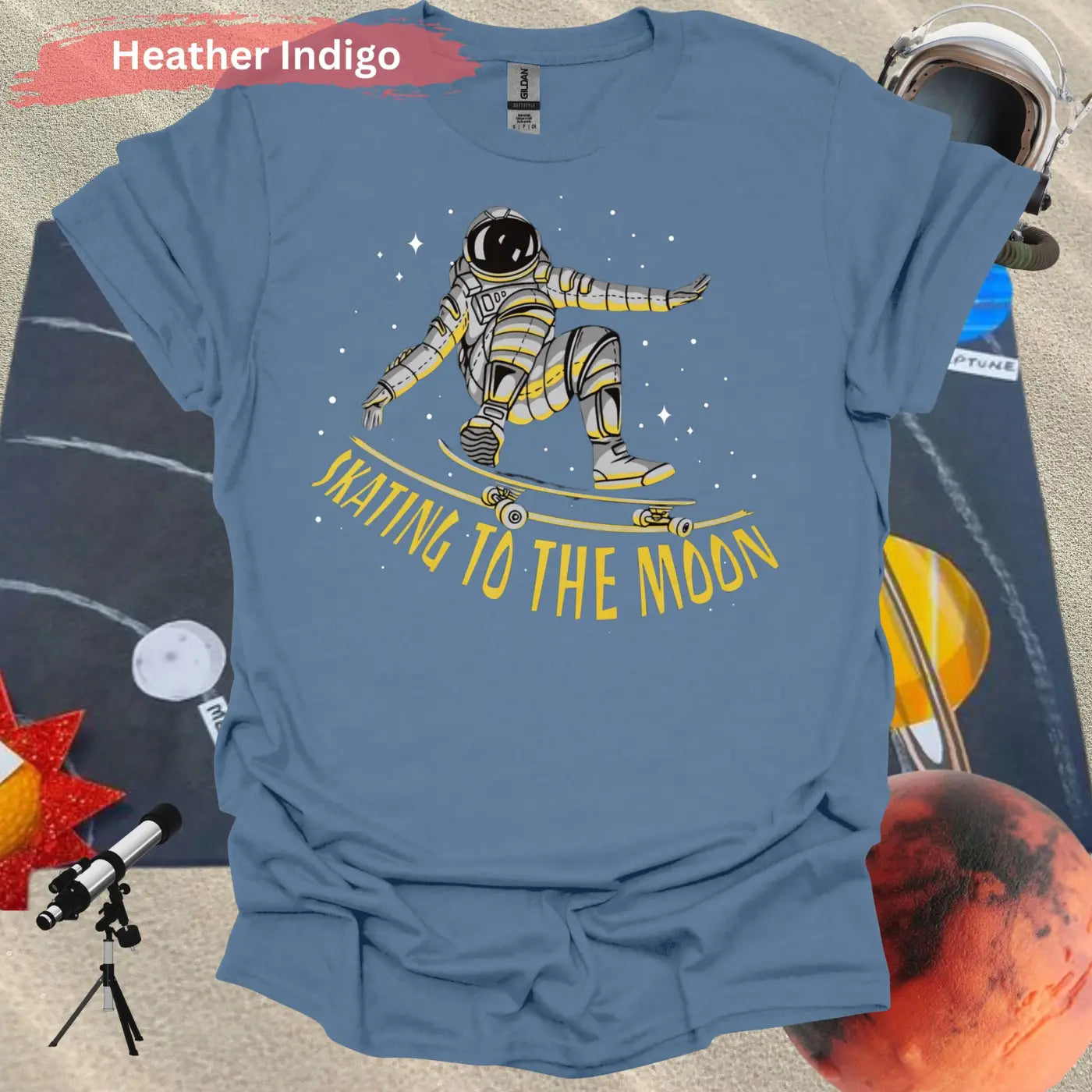 Skating to the Moon: Dynamic Astronaut T-Shirt - S / Heather Indigo - Physical Item