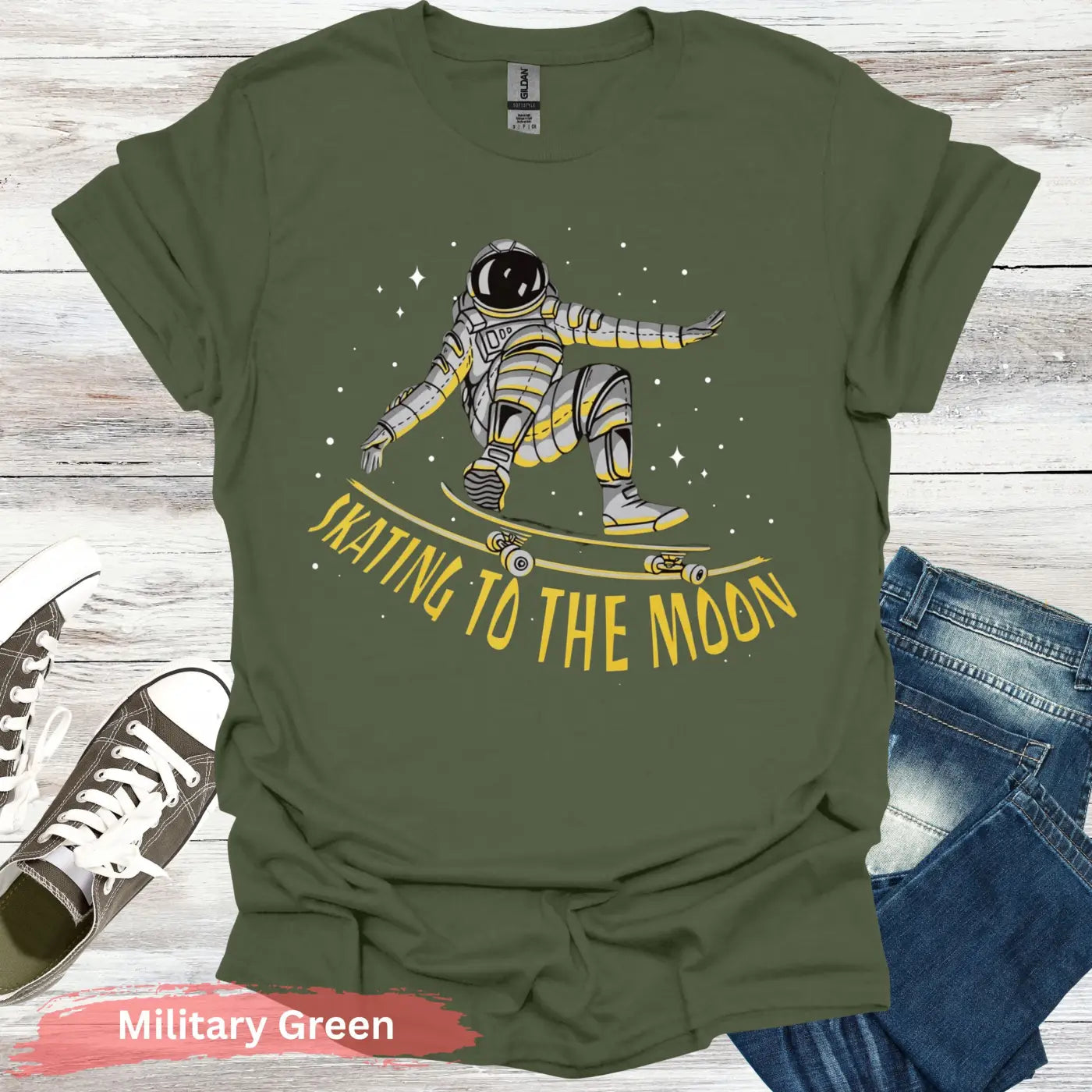 Skating to the Moon T-Shirt - S / Military Green - Physical Item