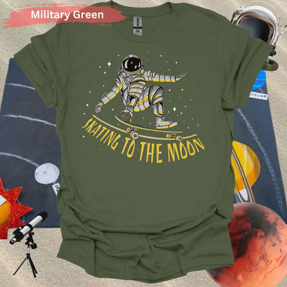 Skating to the Moon: Dynamic Astronaut T-Shirt - S / Military Green - Physical Item