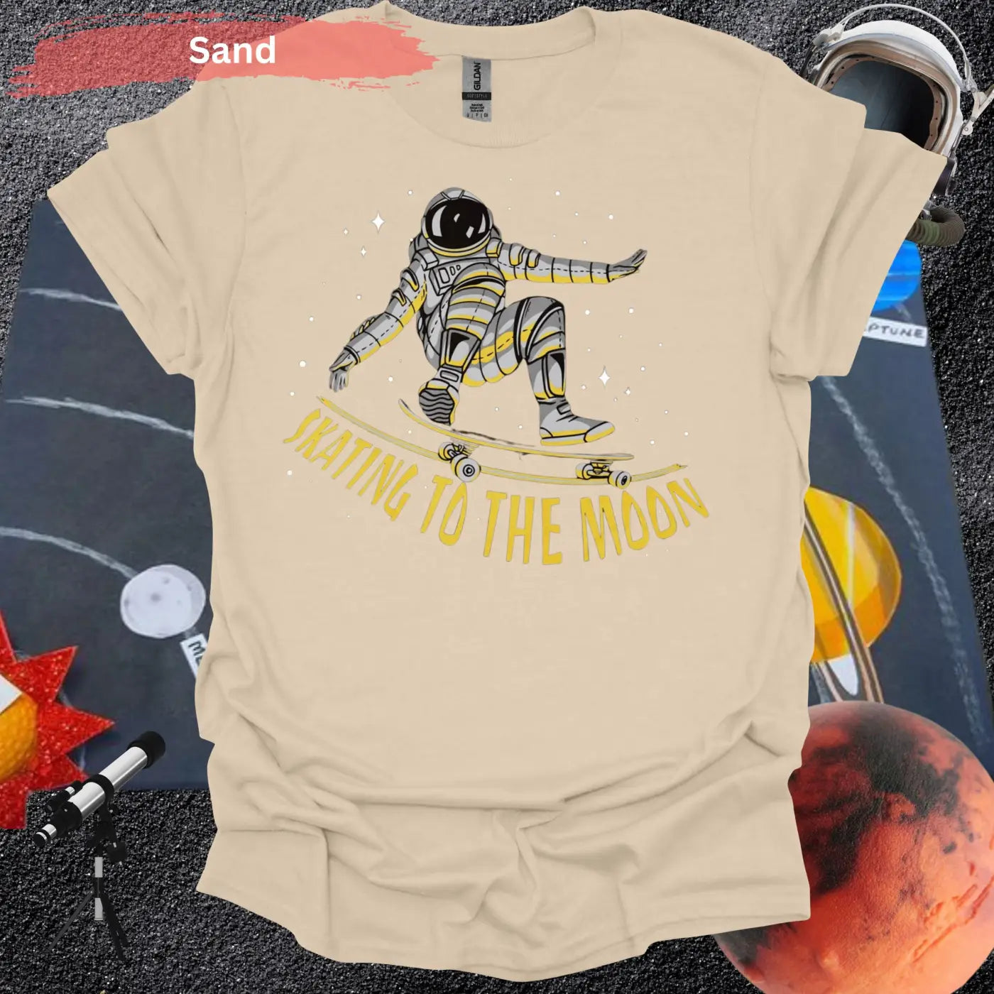 Skating to the Moon: Dynamic Astronaut T-Shirt - S / Sand - Physical Item