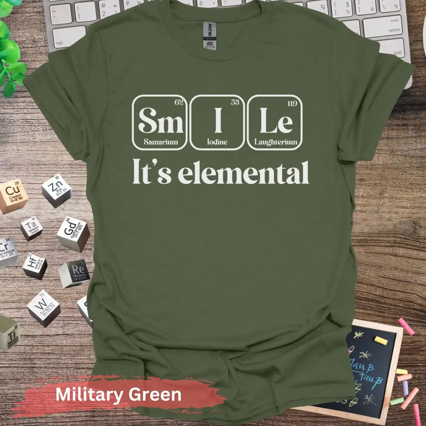 Smile it’s elemental T-shirt - S / Military Green - Physical Item