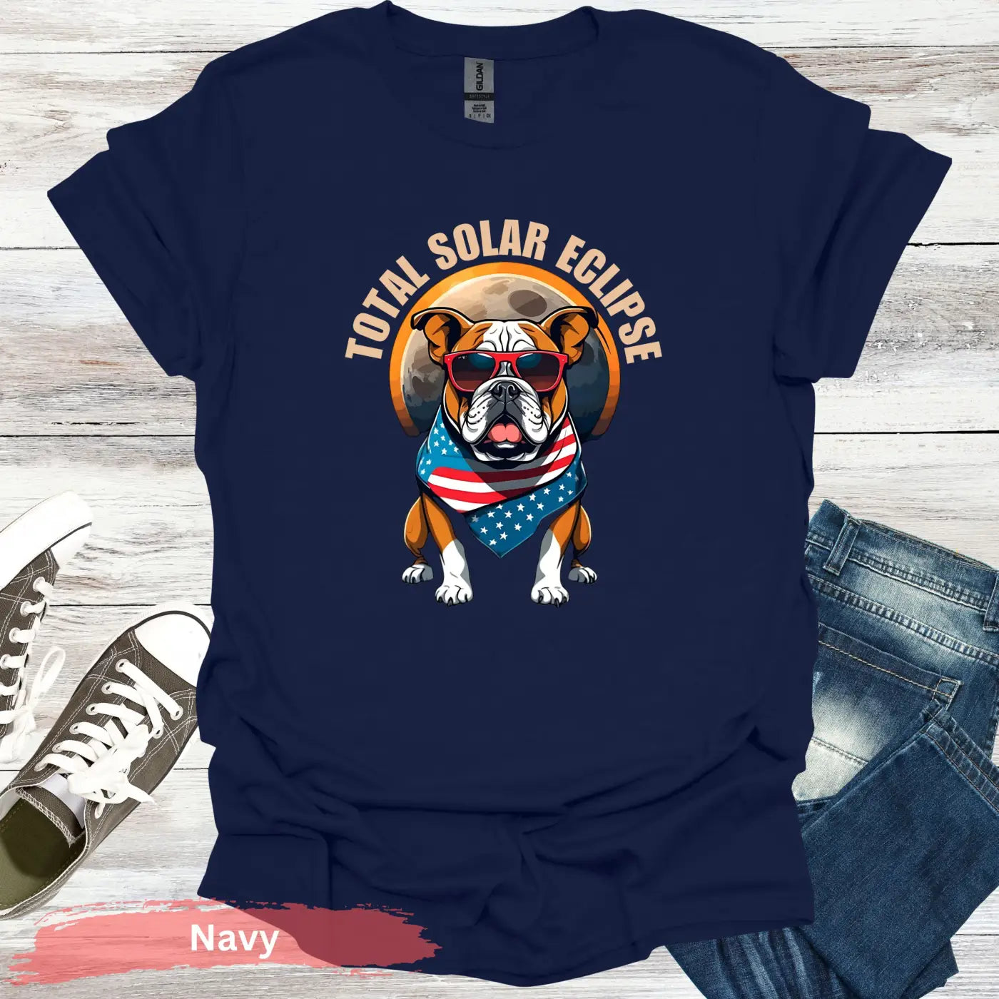 Solar Eclipse Bulldog T-Shirt - S / Navy - Physical Item