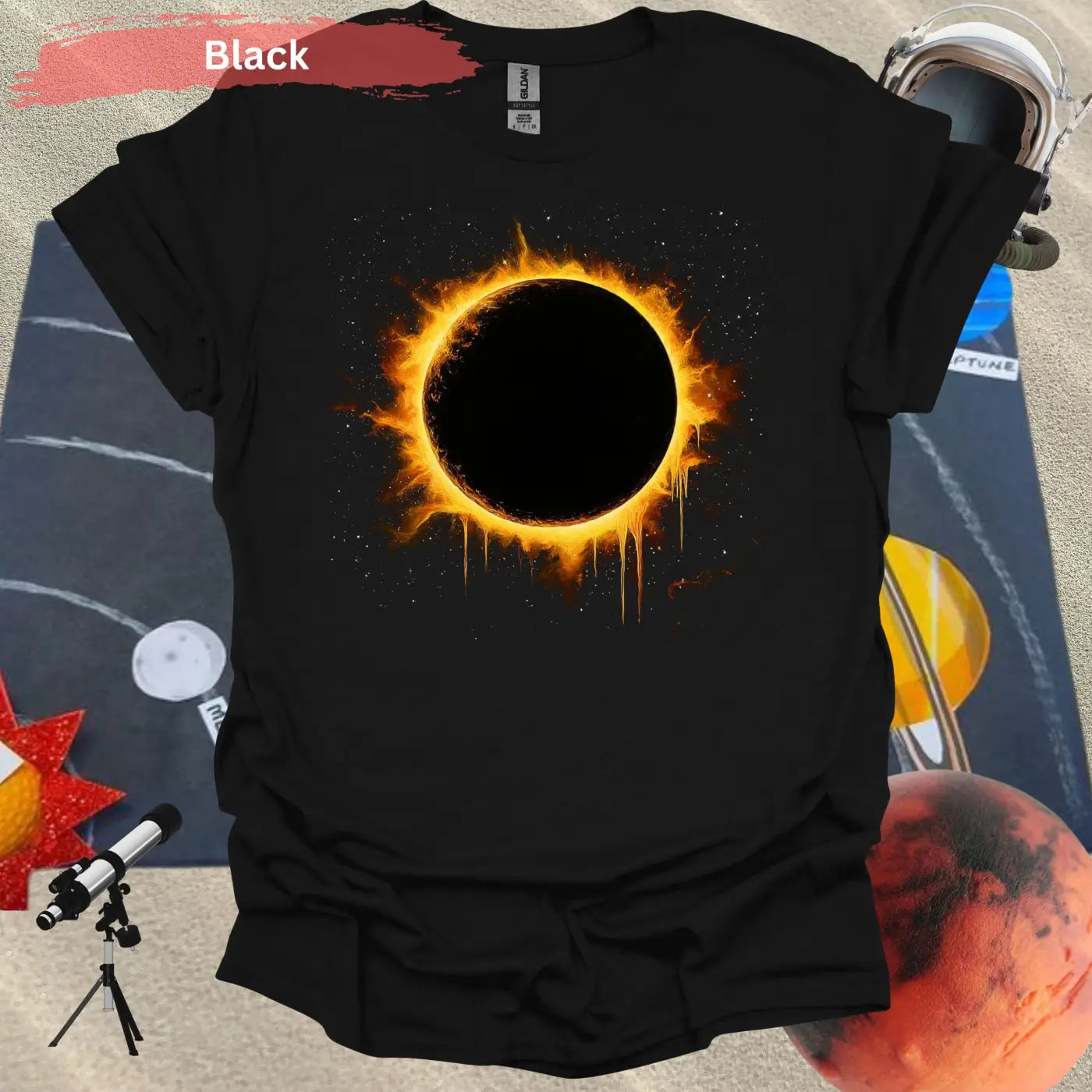 Solar Eclipse Flame Burst T-shirt - S / Black - Physical Item