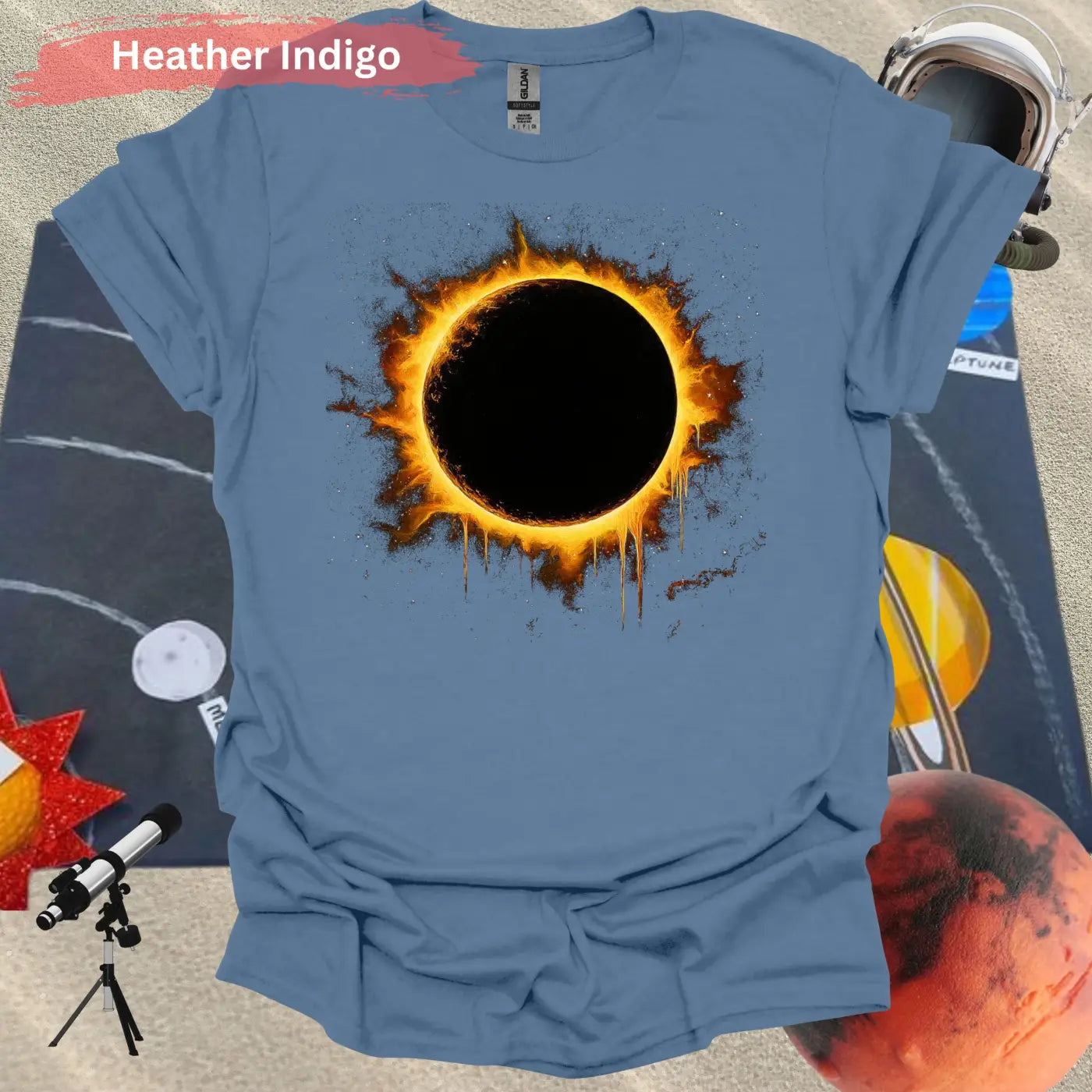 Solar Eclipse Flame Burst T-shirt - S / Heather Indigo - Physical Item