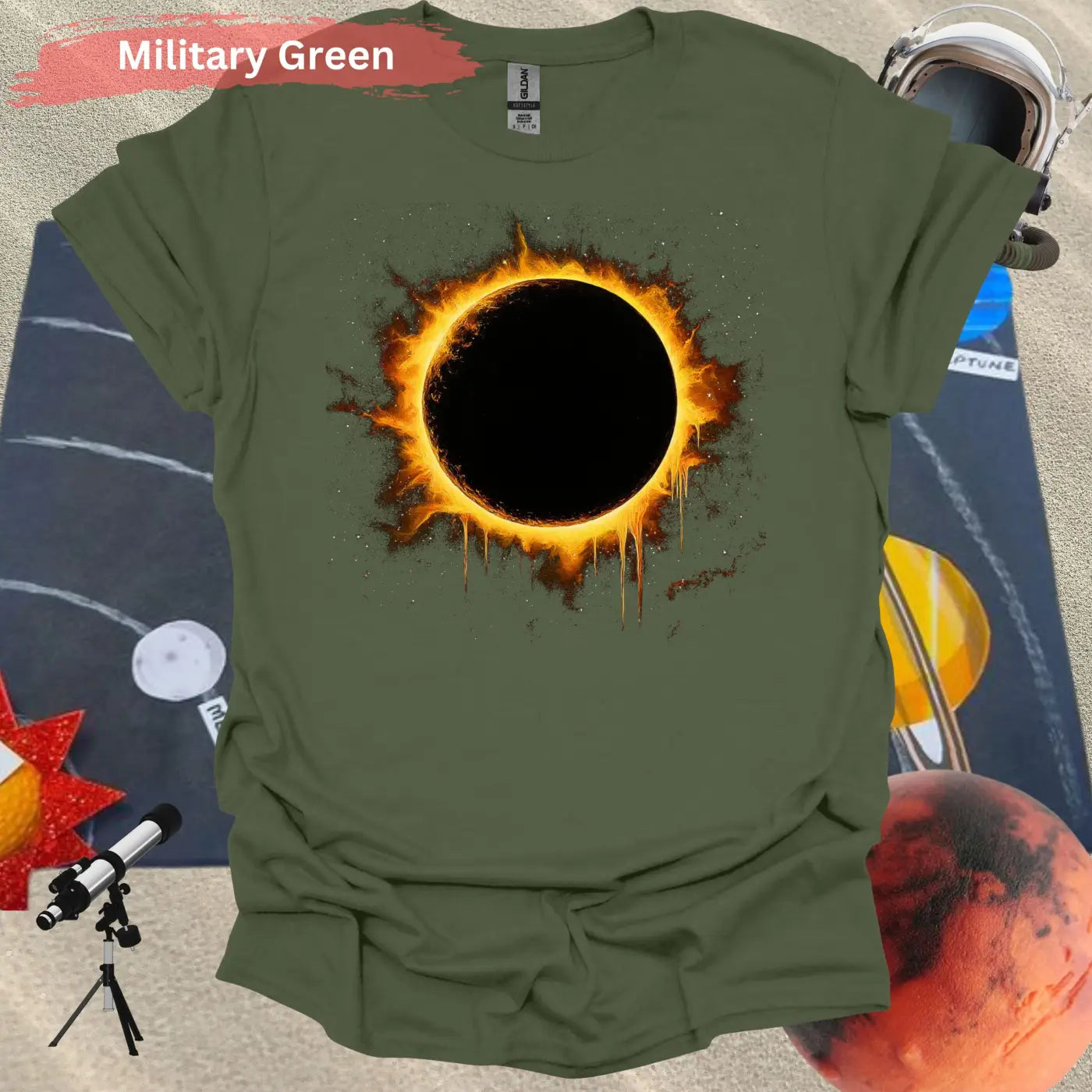 Solar Eclipse Flame Burst T-shirt - S / Military Green - Physical Item