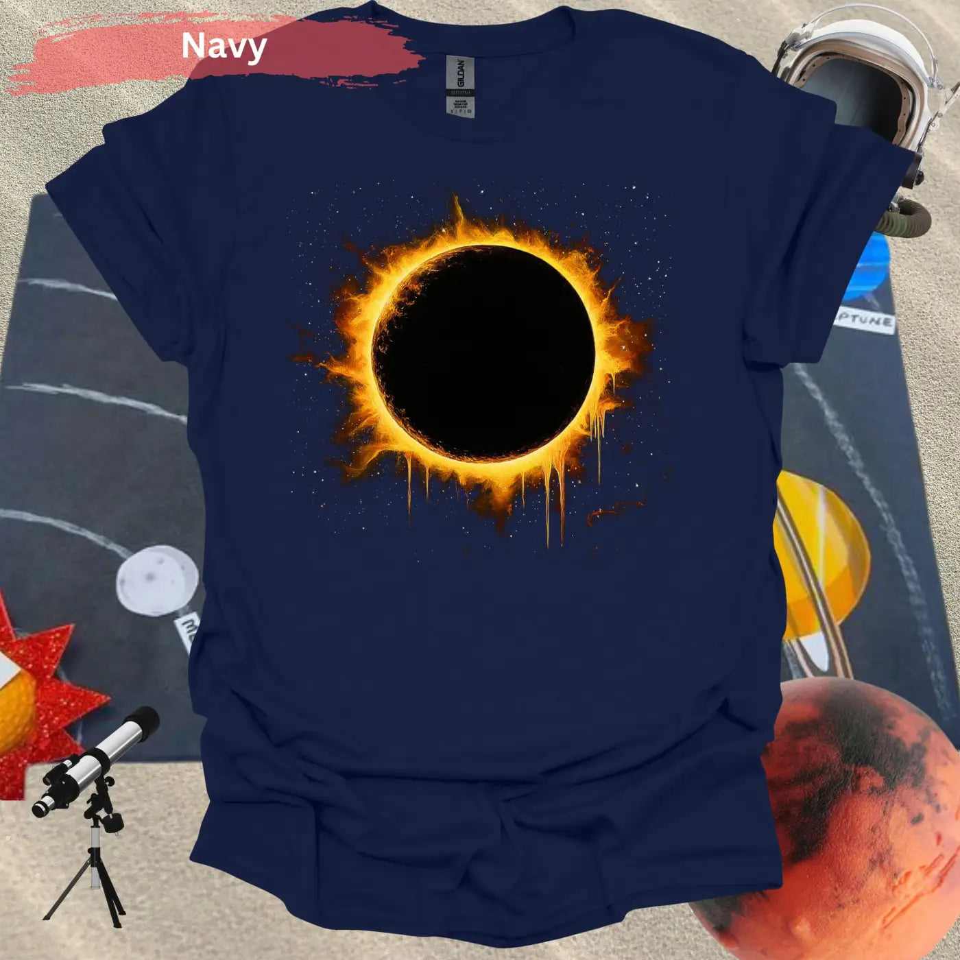 Solar Eclipse Flame Burst T-shirt - S / Navy - Physical Item