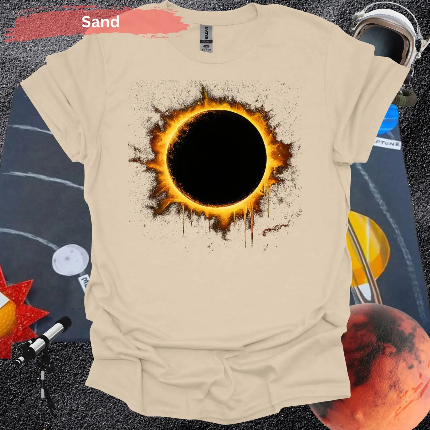 Solar Eclipse Flame Burst T-shirt - S / Sand - Physical Item