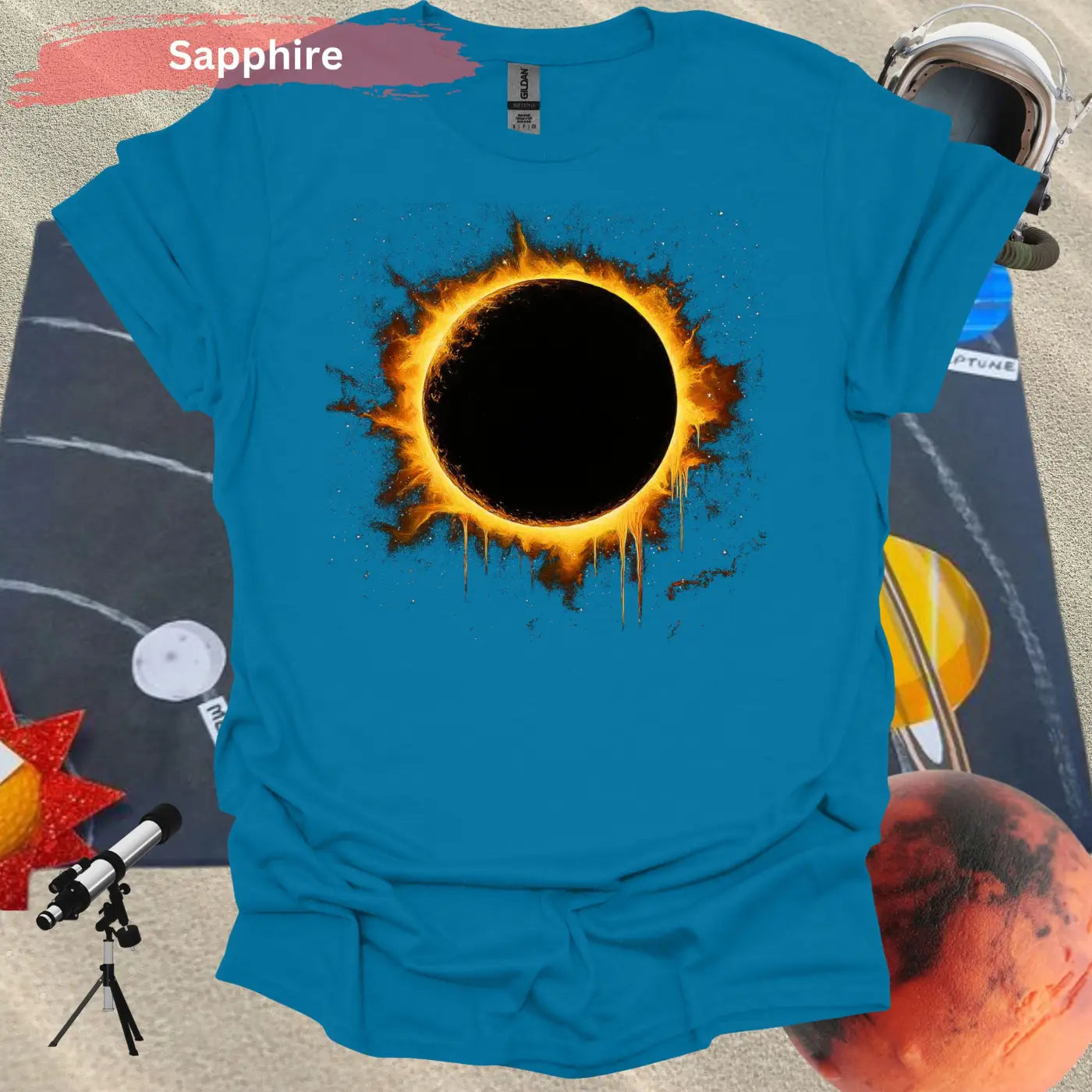 Solar Eclipse Flame Burst T-shirt - S / Sapphire - Physical Item