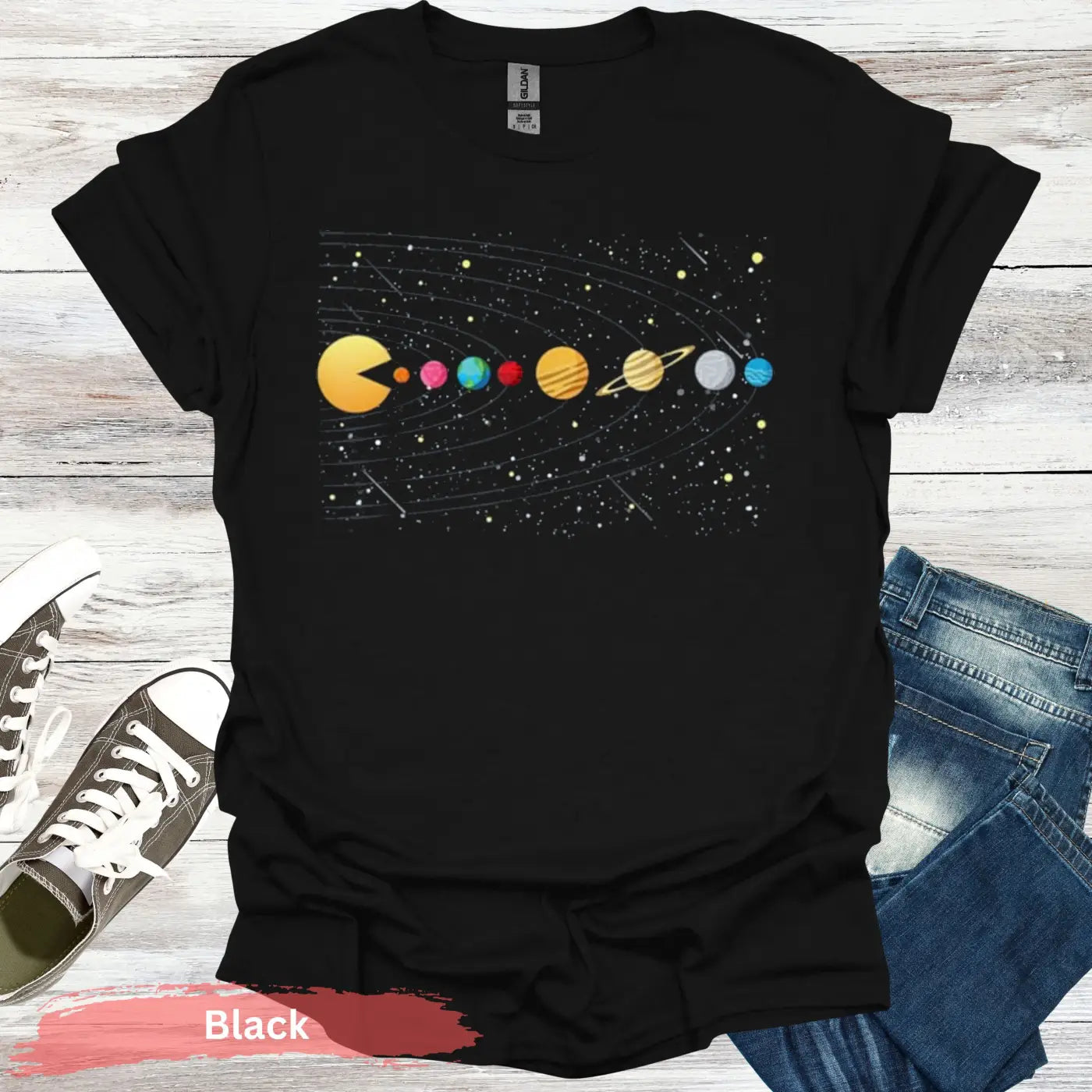 Solar System Pac-Man T-Shirt - S / Black - Physical Item