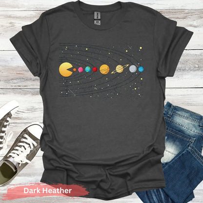 Solar System Pac-Man T-Shirt - S / Dark Heather - Physical Item