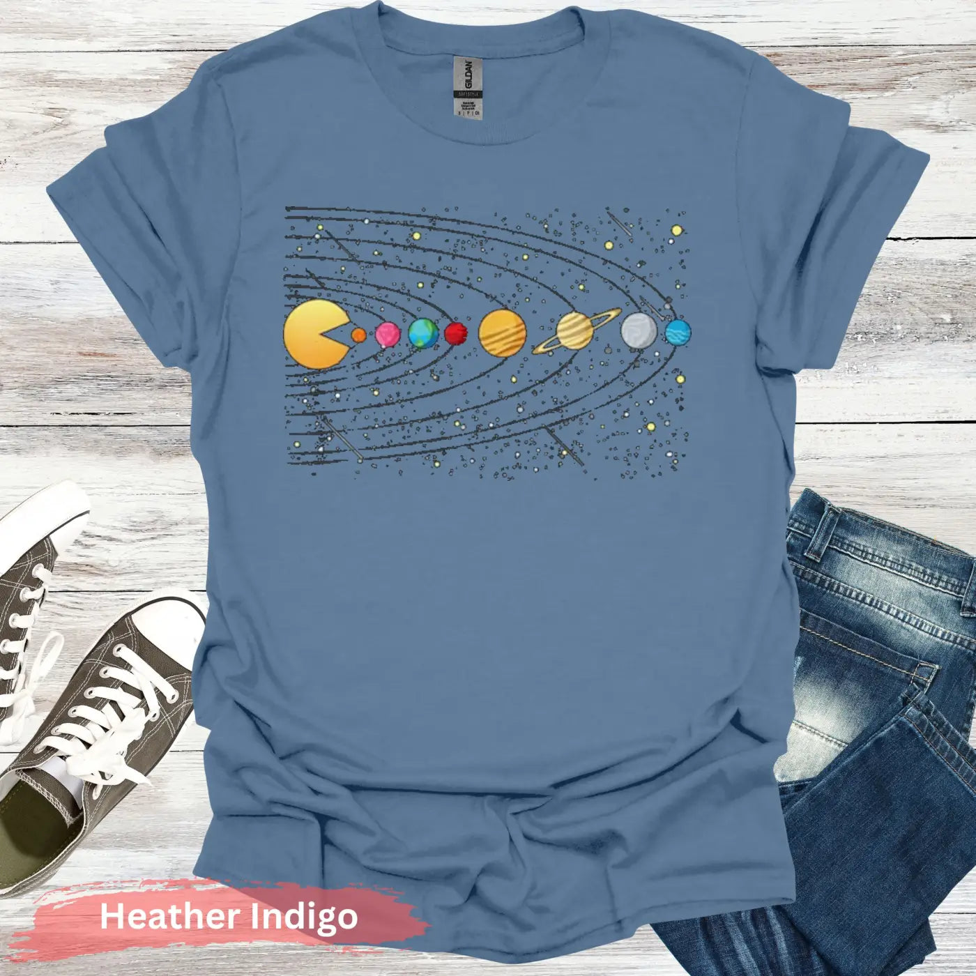 Solar System Pac-Man T-Shirt - S / Heather Indigo - Physical Item