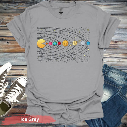 Solar System Pac-Man T-Shirt - S / Ice Grey - Physical Item