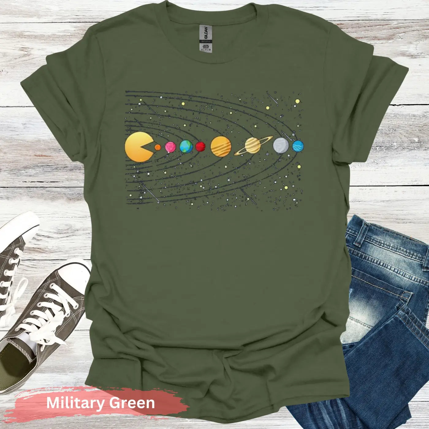 Solar System Pac-Man T-Shirt - S / Military Green - Physical Item