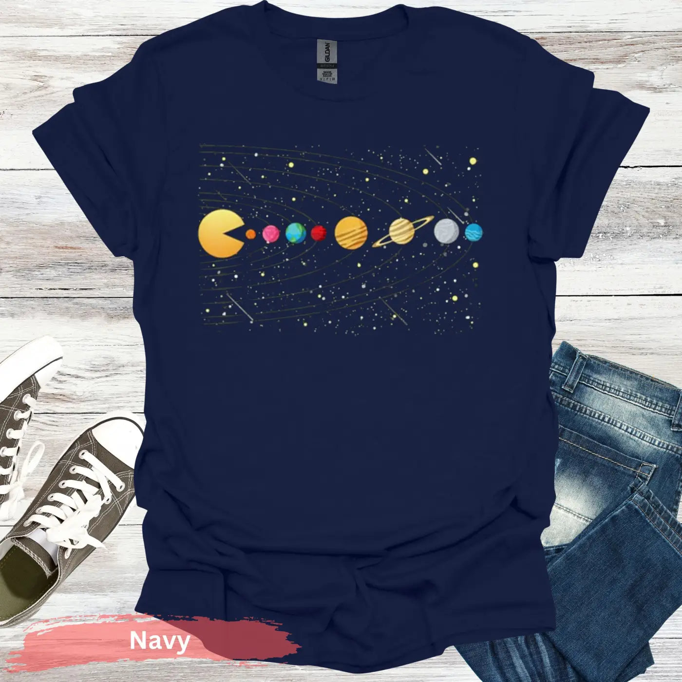 Solar System Pac-Man T-Shirt - S / Navy - Physical Item