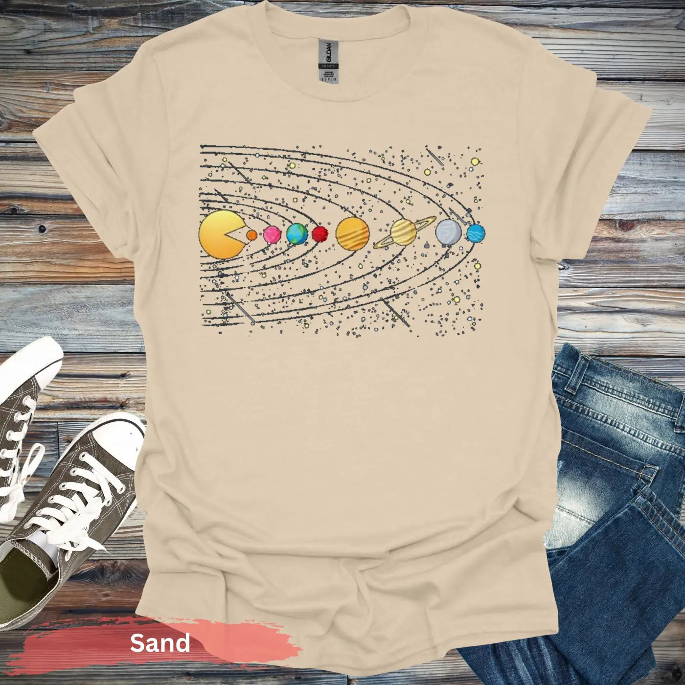 Solar System Pac-Man T-Shirt - S / Sand - Physical Item