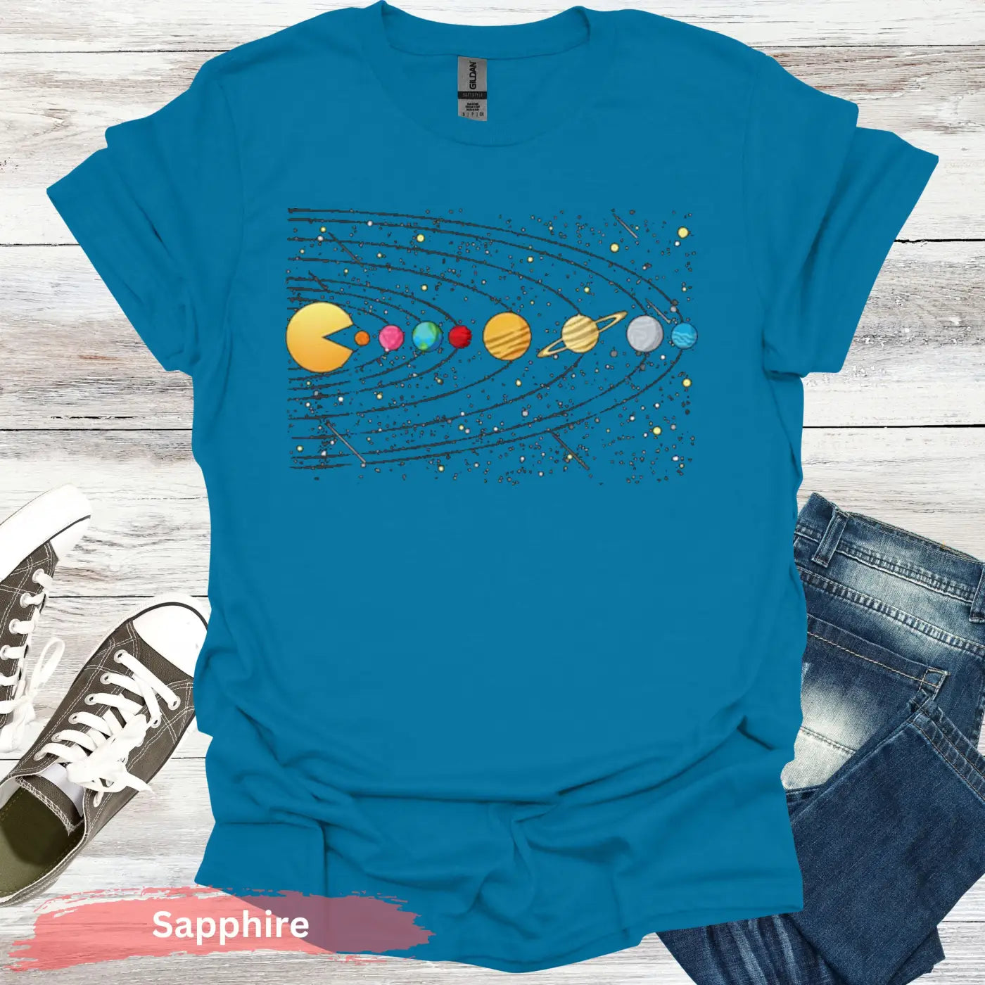 Solar System Pac-Man T-Shirt - S / Sapphire - Physical Item