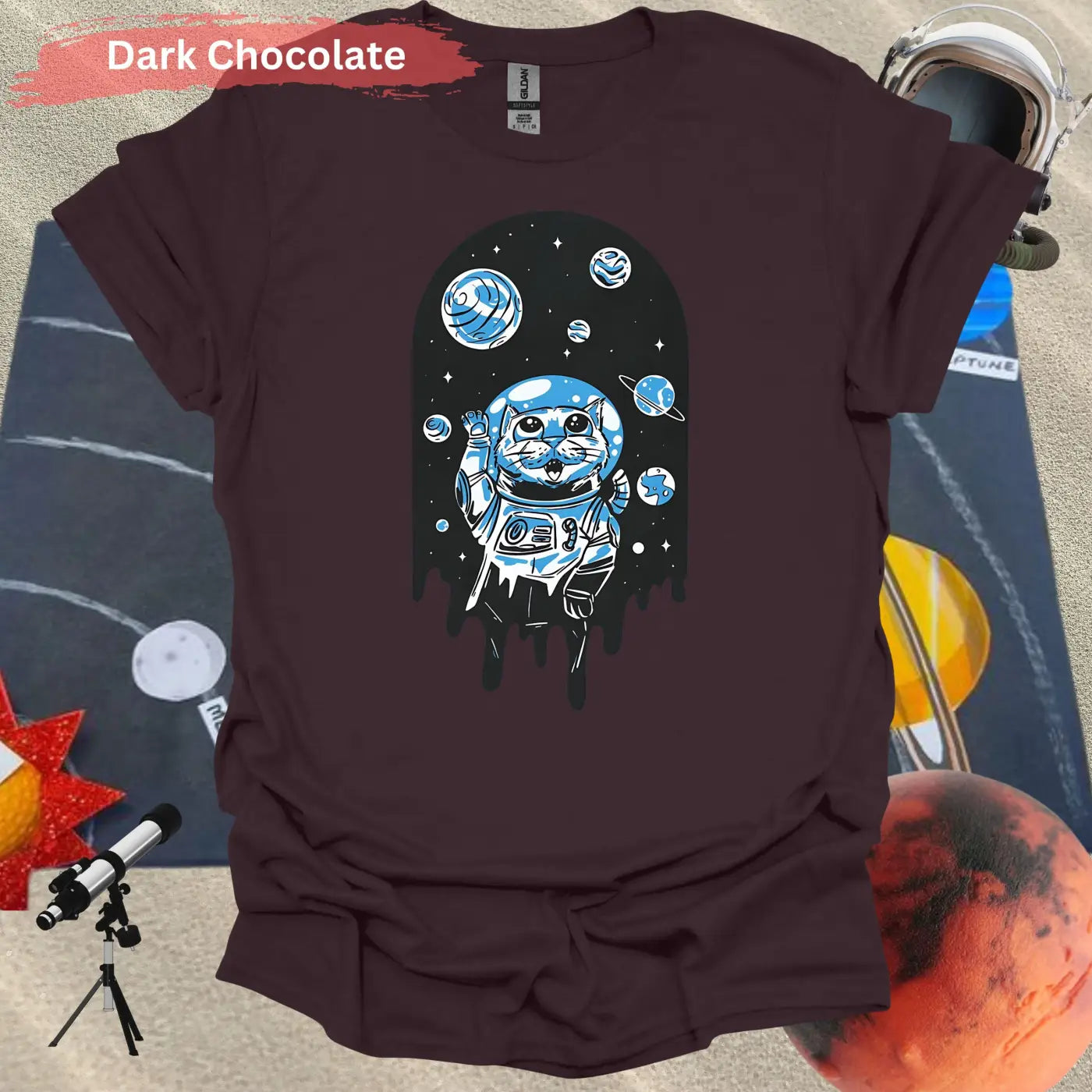 Space Cat T-Shirt: Adorable Cosmic Adventure Design - S / Dark Chocolate - Physical Item