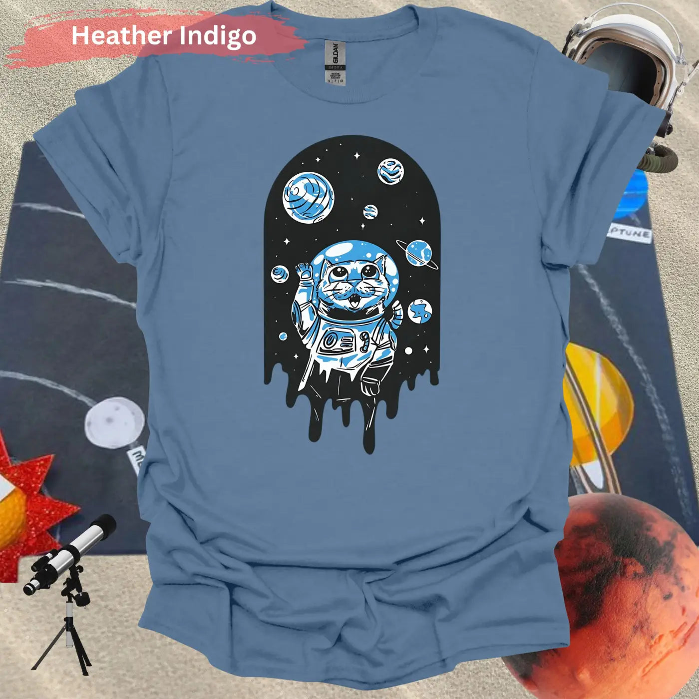 Space Cat T-Shirt: Adorable Cosmic Adventure Design - S / Heather Indigo - Physical Item