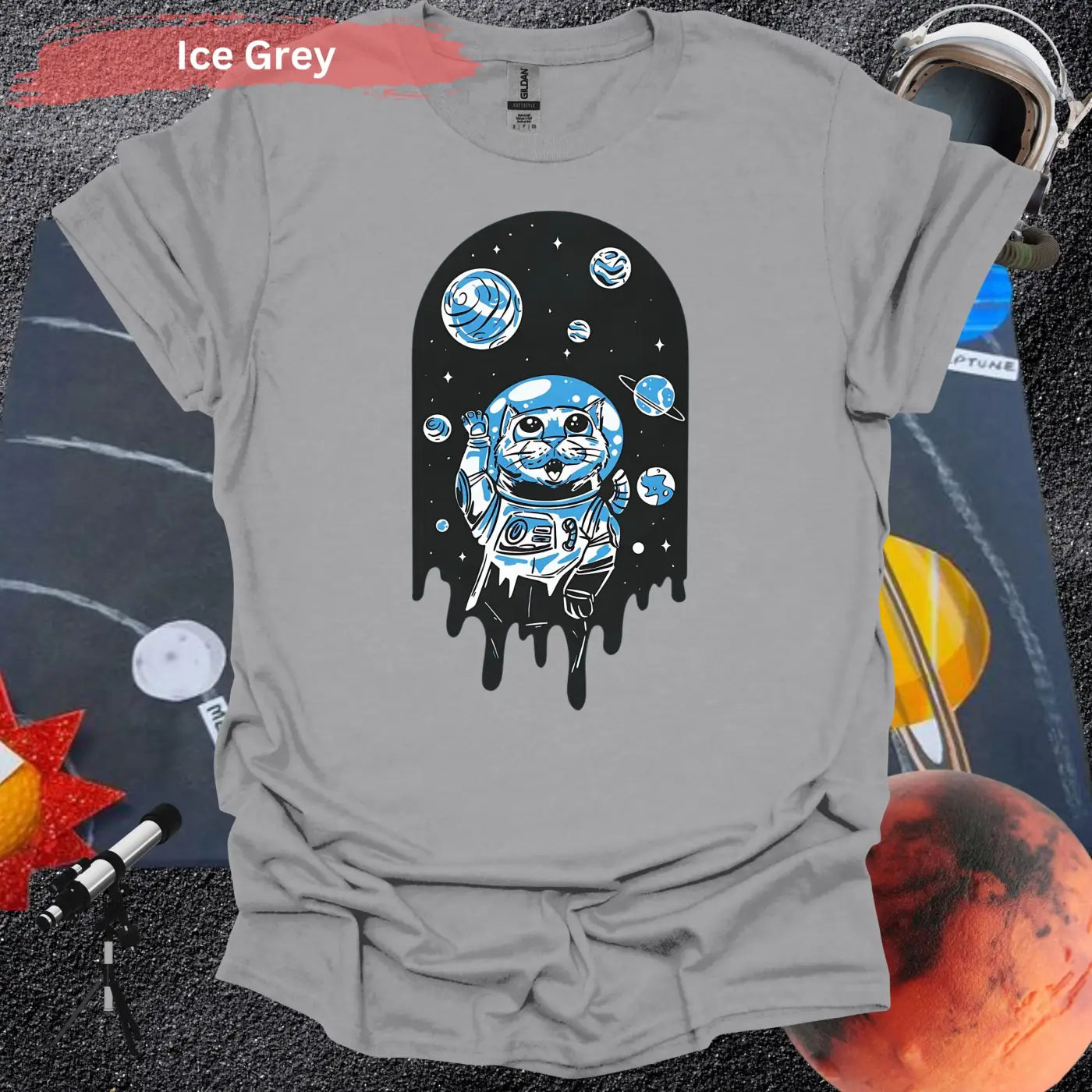 Space Cat T-Shirt: Adorable Cosmic Adventure Design - S / Ice Grey - Physical Item