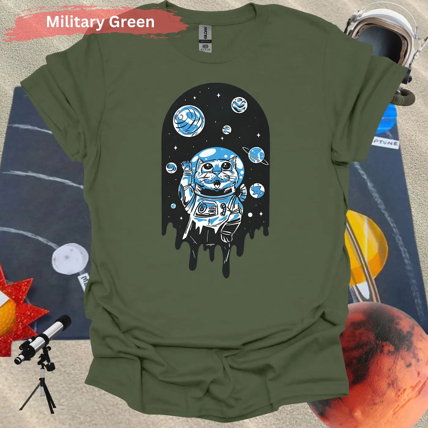 Space Cat T-Shirt: Adorable Cosmic Adventure Design - S / Military Green - Physical Item