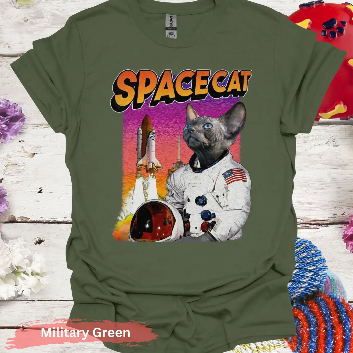 Space Cat: Cosmic Adventurer T-Shirt - S / Military Green - Physical Item