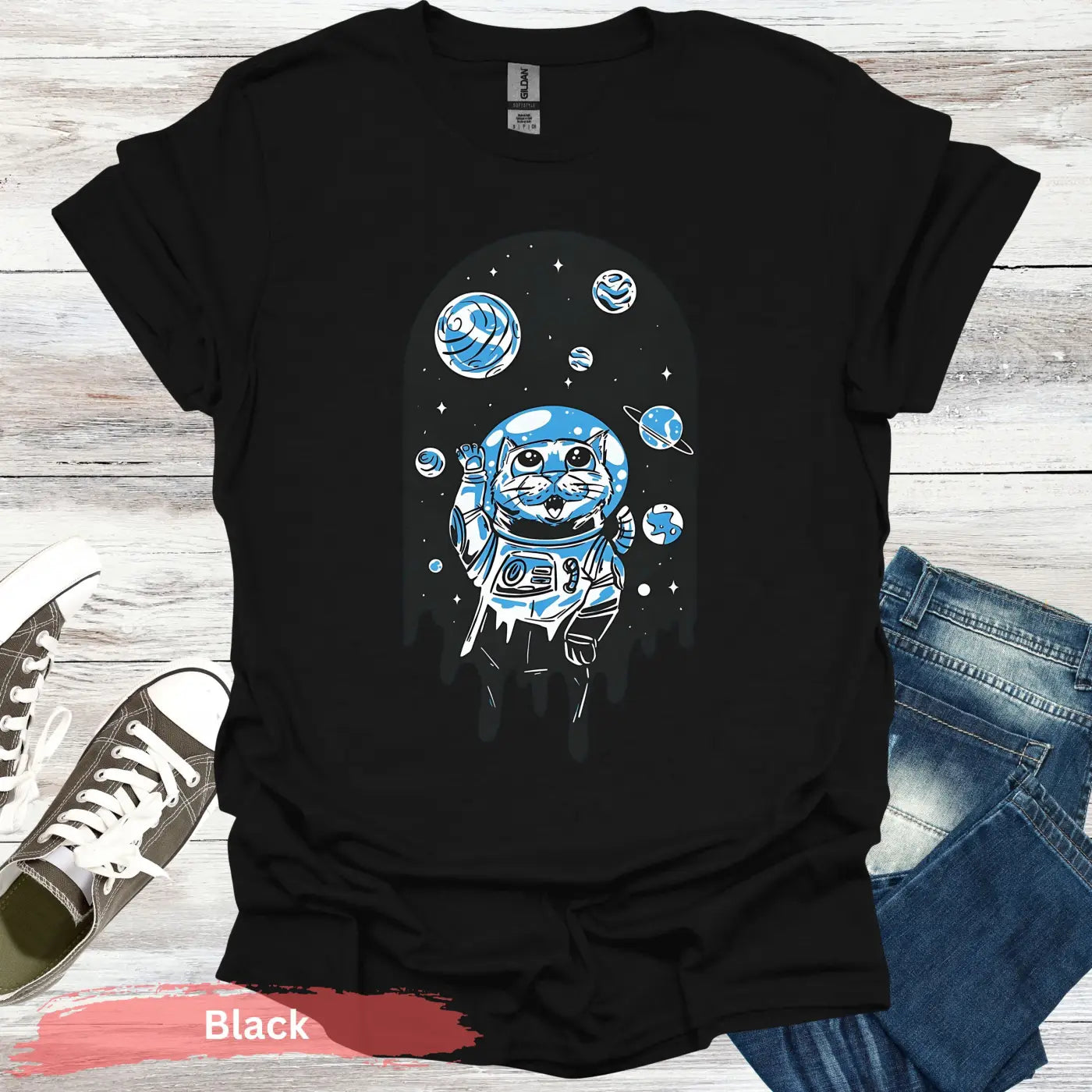 Space Cat T-Shirt - S / Black - Physical Item