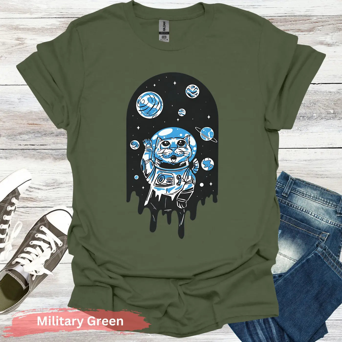 Space Cat T-Shirt - S / Military Green - Physical Item