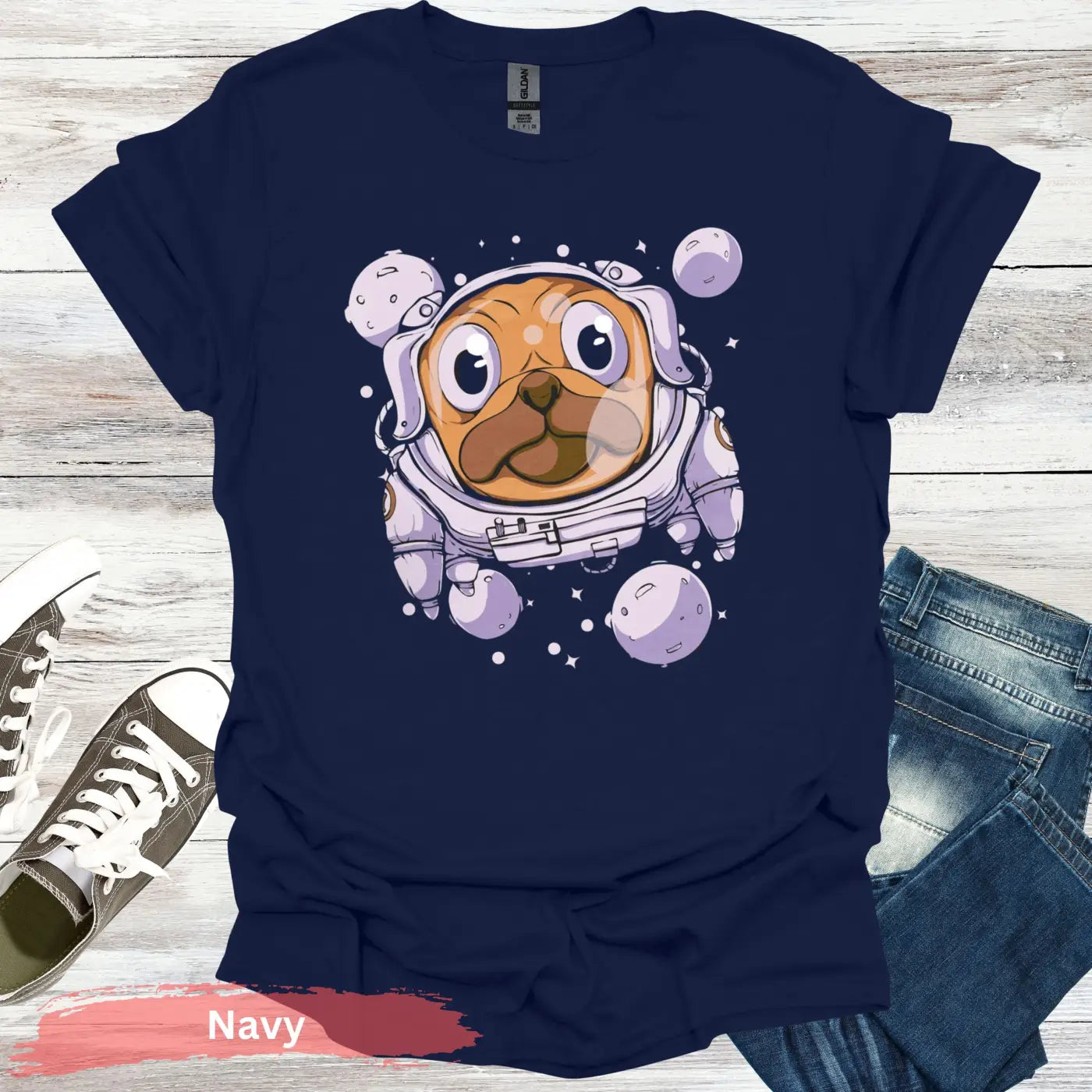 Space Pug: Adorable Canine Astronaut T-Shirt - S / Navy - Physical Item