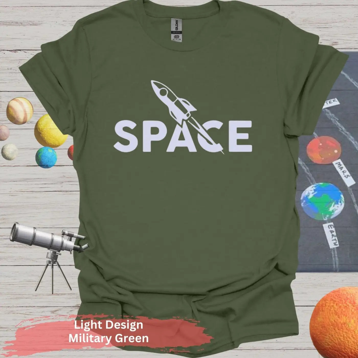 Minimalist Space Rocket T-Shirt – A Clean Launch of Style - S / Military Green - Physical Item