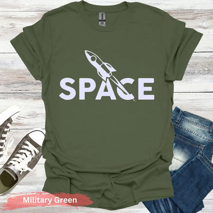 Space Rocket T-Shirt - S / Military Green - Physical Item