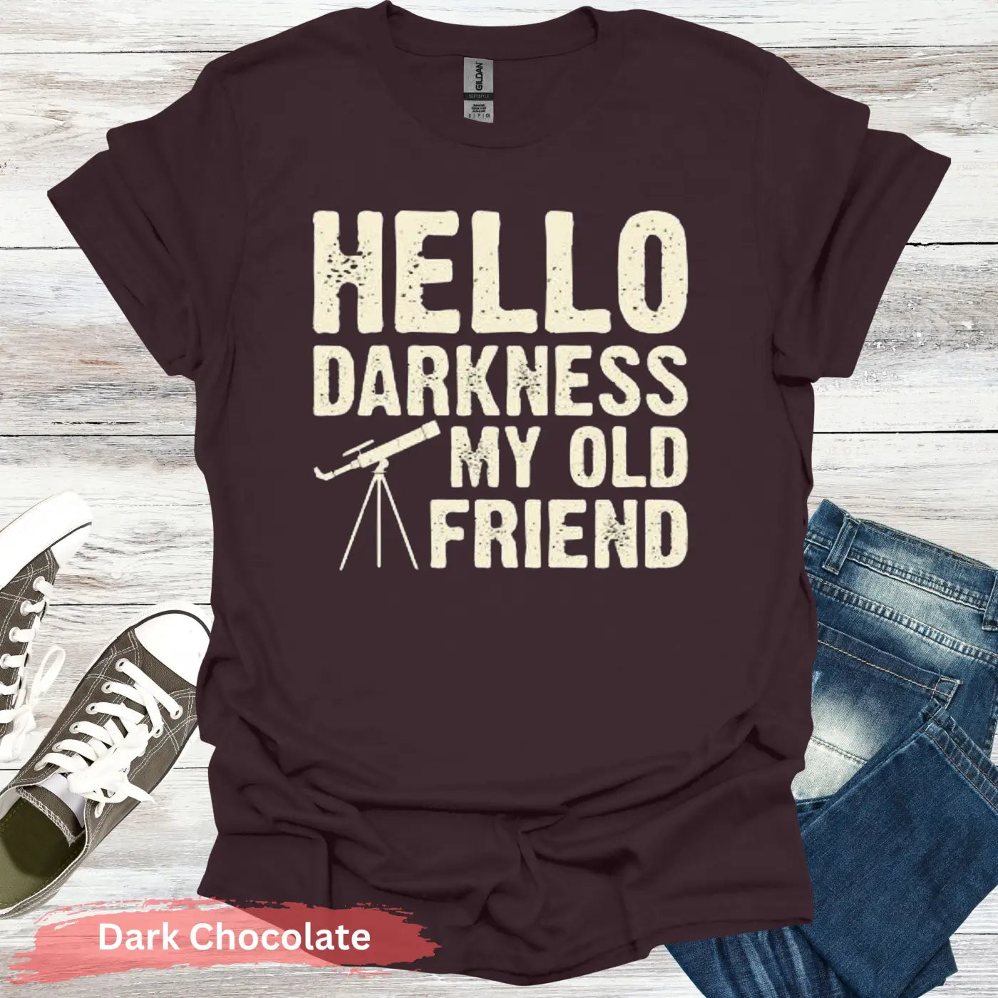 Stargazer’s Serenade: ’Hello Darkness’ T-Shirt - S / Dark Chocolate - Physical Item